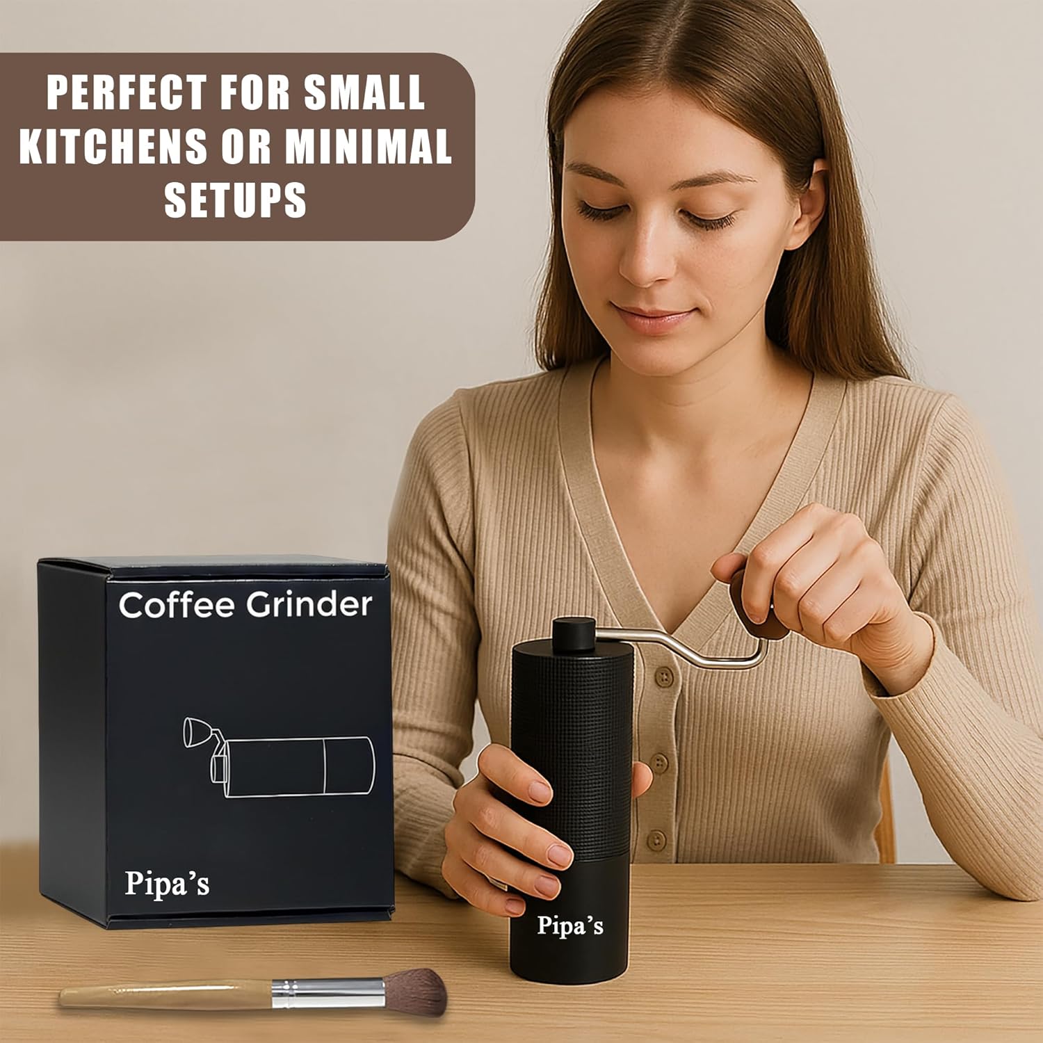 Pipa’s Manual Coffee Bean Grinder with Brush (35g) | Stainless Steel Burr Mill, Adjustable Coffee Grinder for Espresso, Pour Over, French Press & Cold Brew | Coffee Hand Grinder for Home & Outdoor