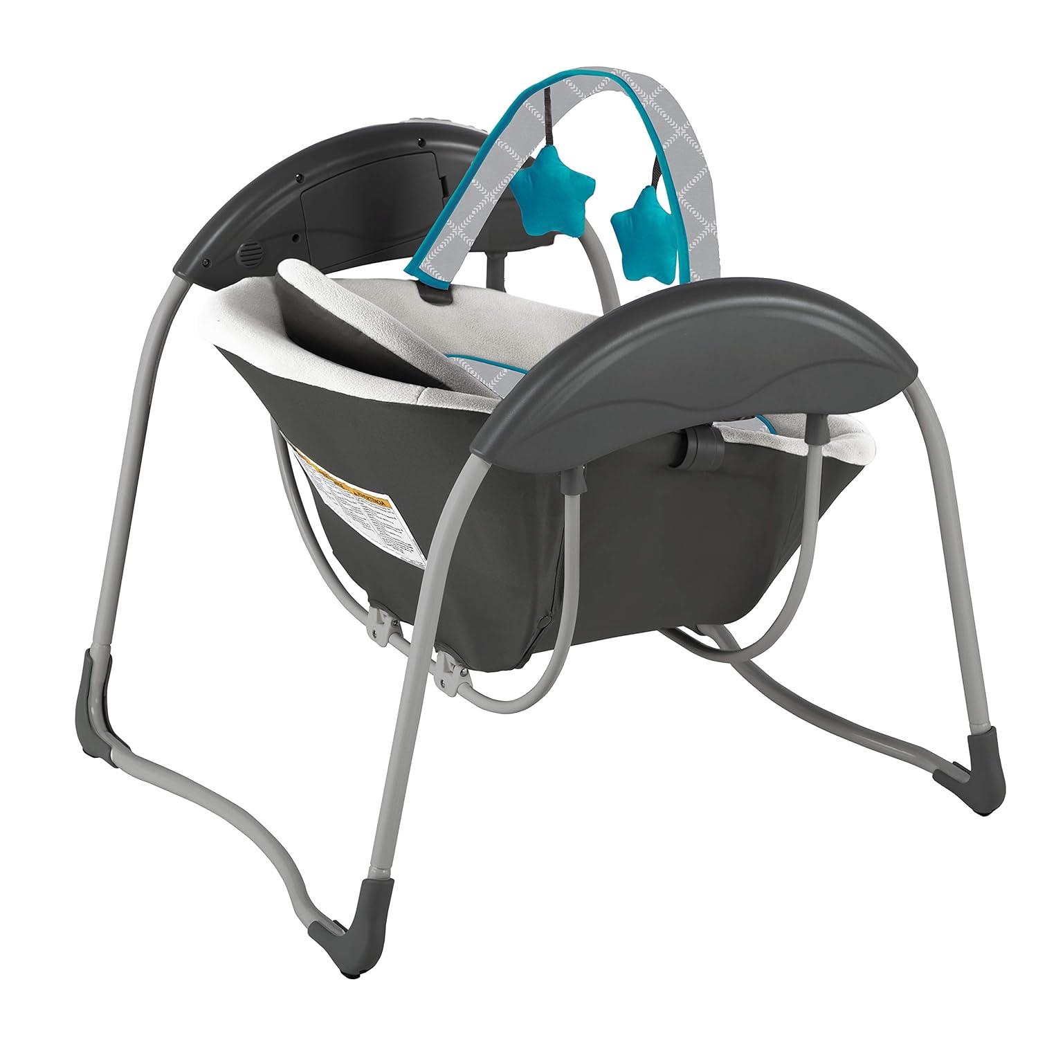 Graco Glider Lite Swing, side view showing seat depth and toy bar attachment