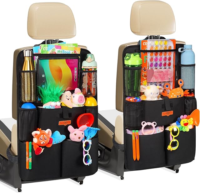SURDOCA Organisateur de Siège Auto avec 11Inch Titulaire du comprimé,8 Les poches,4th Gen Road Trip Essentials for Kids, Accessoires de rangement pour protecteurs de siège arrière