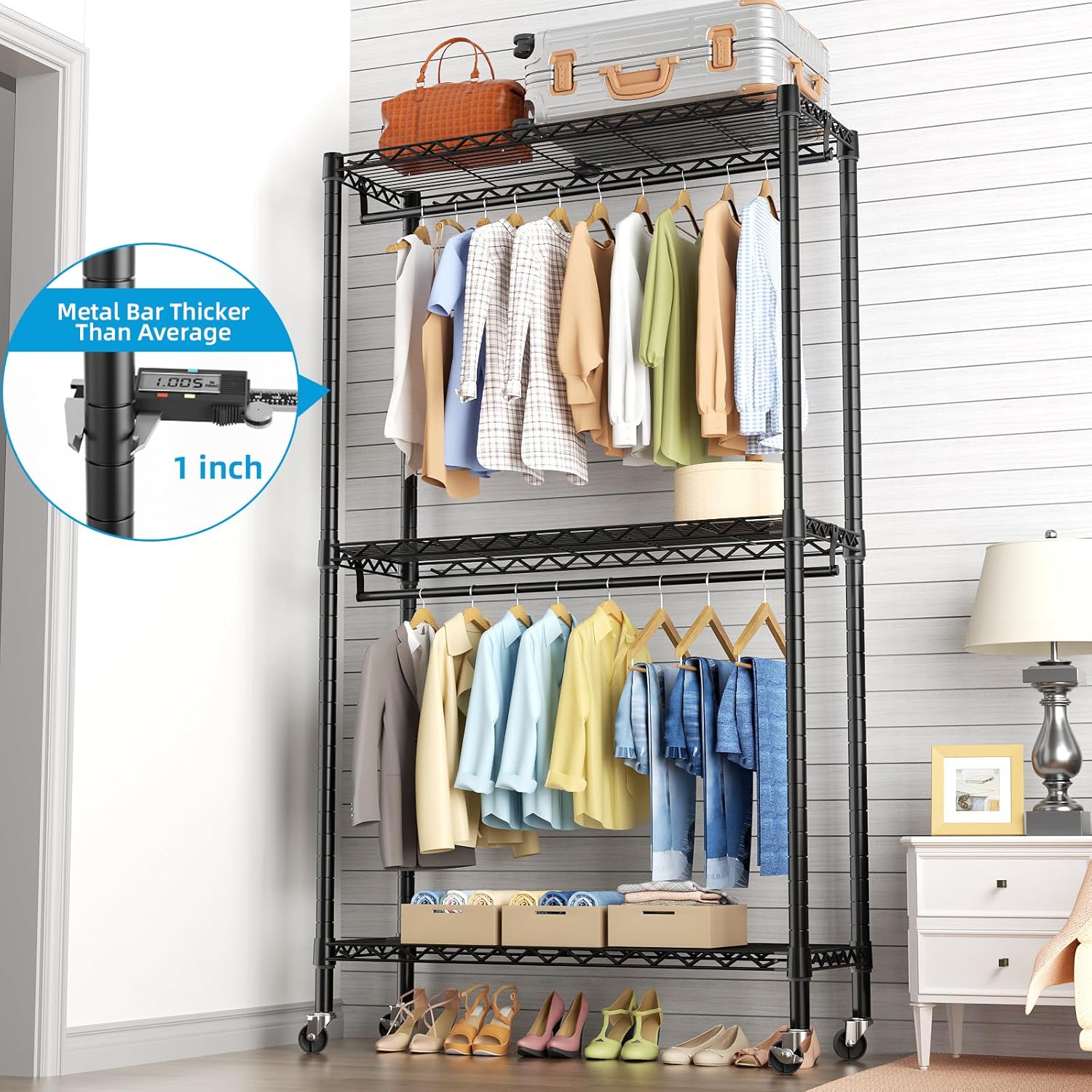 Close-up of the garment rack's metal bar with a caliper measuring 1 inch thickness