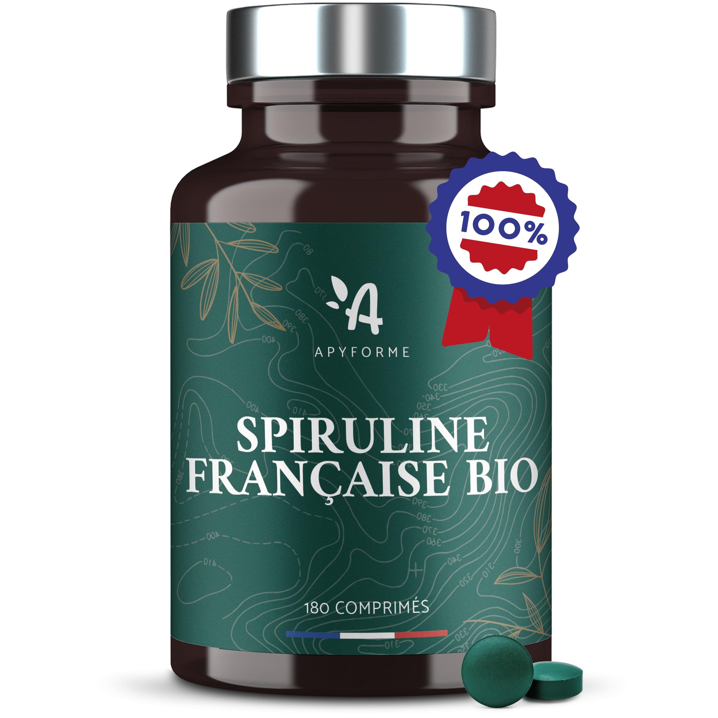 Apyforme - Spiruline BIO Française - Haute Concentration Jusqu'à 25% de Phycocyanine - Culture Paysanne Écoresponsable - 180 Comprimés Super Protéinés - Origine France