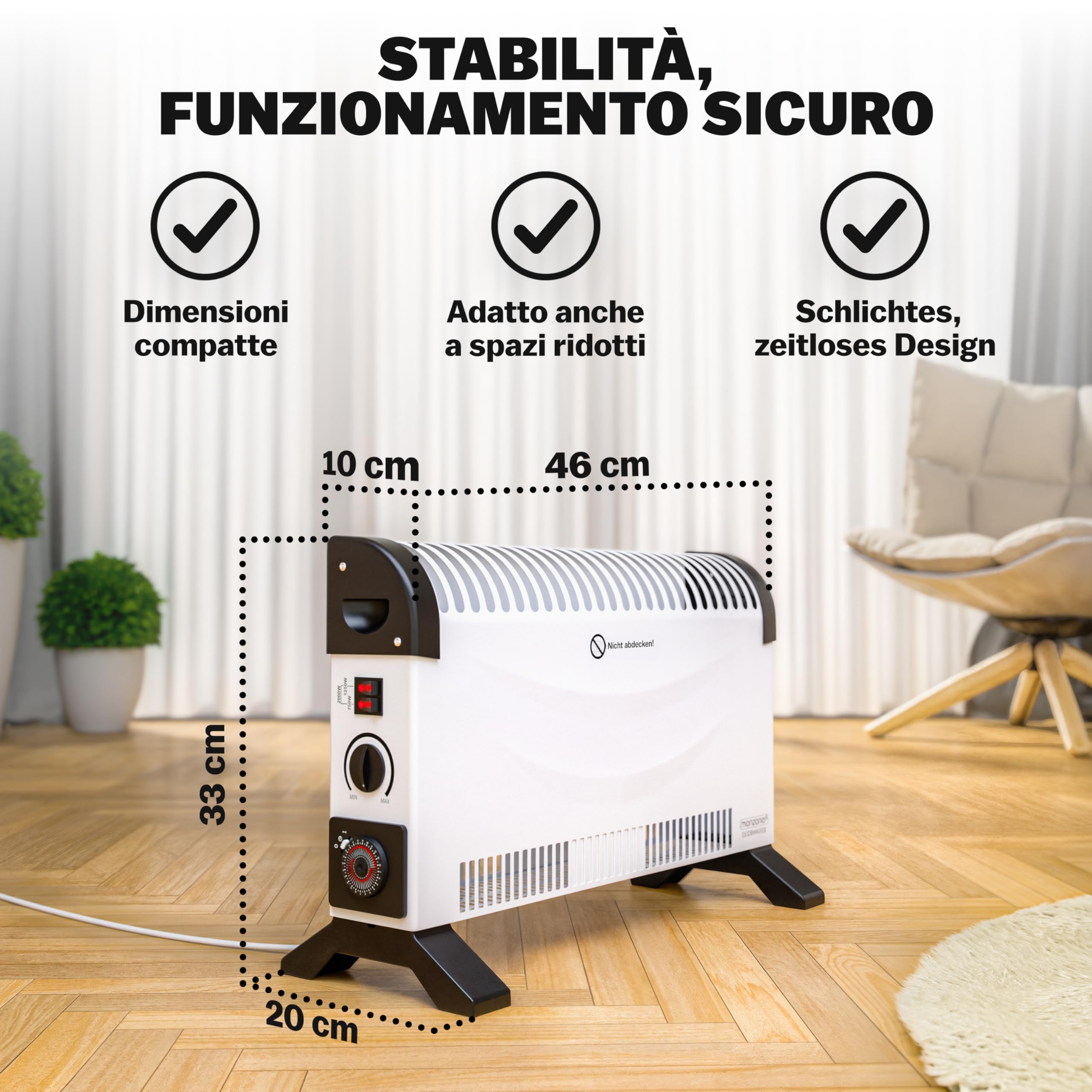 MONZANA Stufa Elettrica a Convettore 2000 W incl. Timer 24 h 3 Livelli di Riscaldamento Termostato Radiatore Elettrico