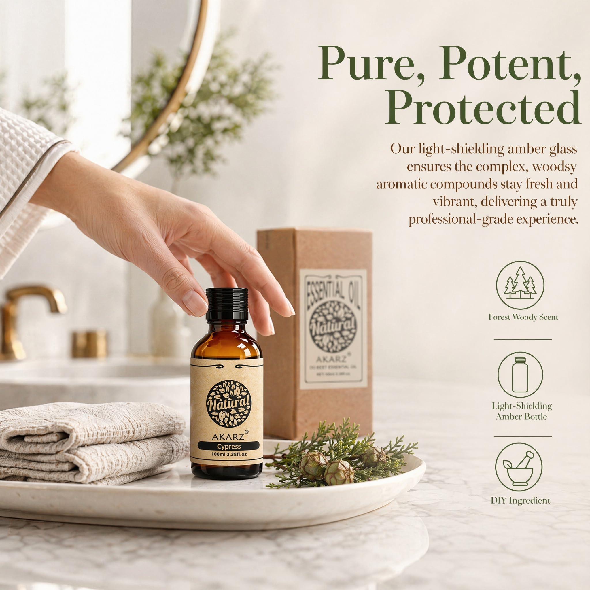 AKARZ 100ml Olejek esencjny z Cyprysu - Naturalny olejek aromatyczny do dyfuzorów, lamp aromatycznych i aromatów pomieszczeń