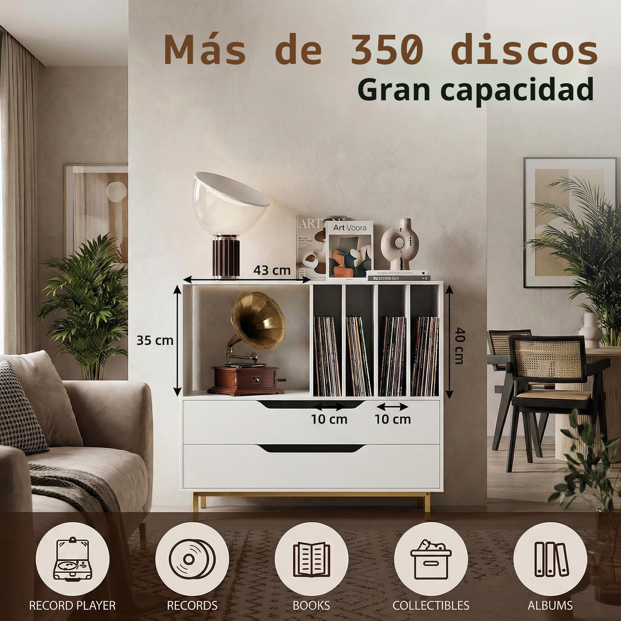 KOMFOTTEU Mueble para Tocadiscos con Compartimento Abierto y 2 Cajones, Soporte de Discos de Vinilo con Patas de Metal, Expositor para Discos para Dormitorio, Salón, Estudio, 91 x 36 x 87 cm (Blanco)
