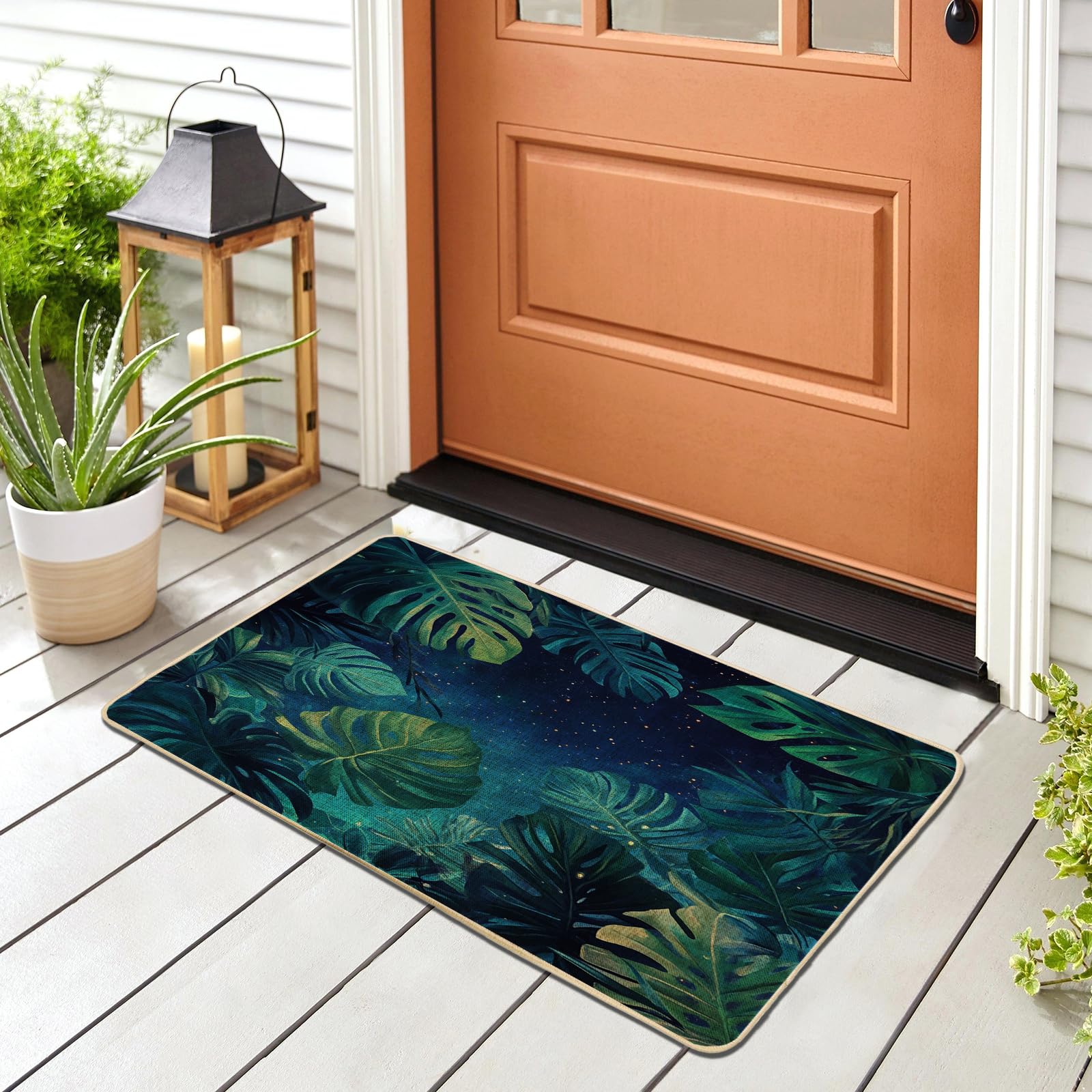Paillasson noir anti-saleté 73x43cm avec motif feuilles tropicales pour entrée