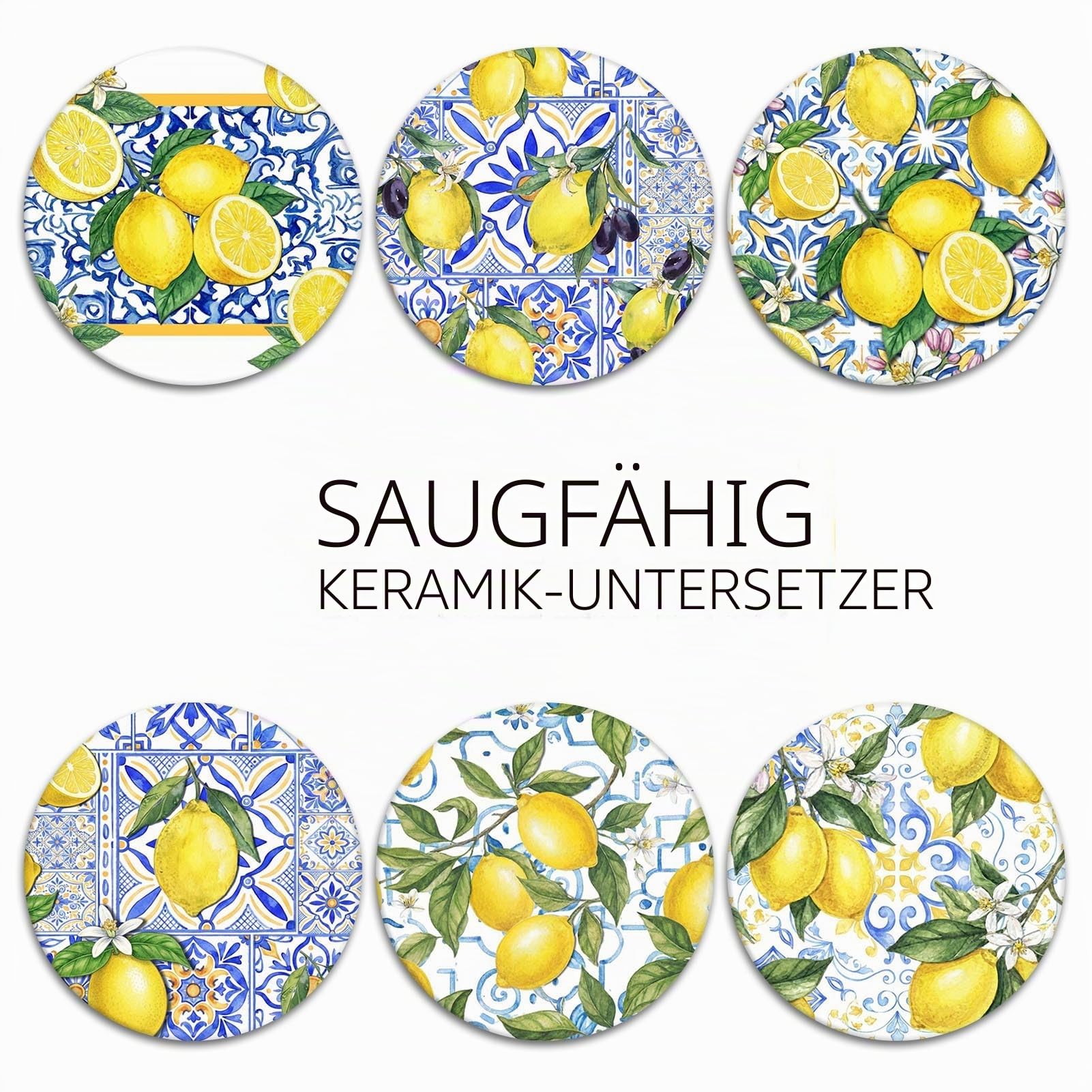 Untersetzer für Getränke, 6 Stück, gelbe Zitrone, Obst, Blau, Keramik-Muster, saugfähig, rund, Keramik-Steinmatte, mit Korkboden und Metallhalter, Geschenk für Einweihungszimmer, Bar, Dekor