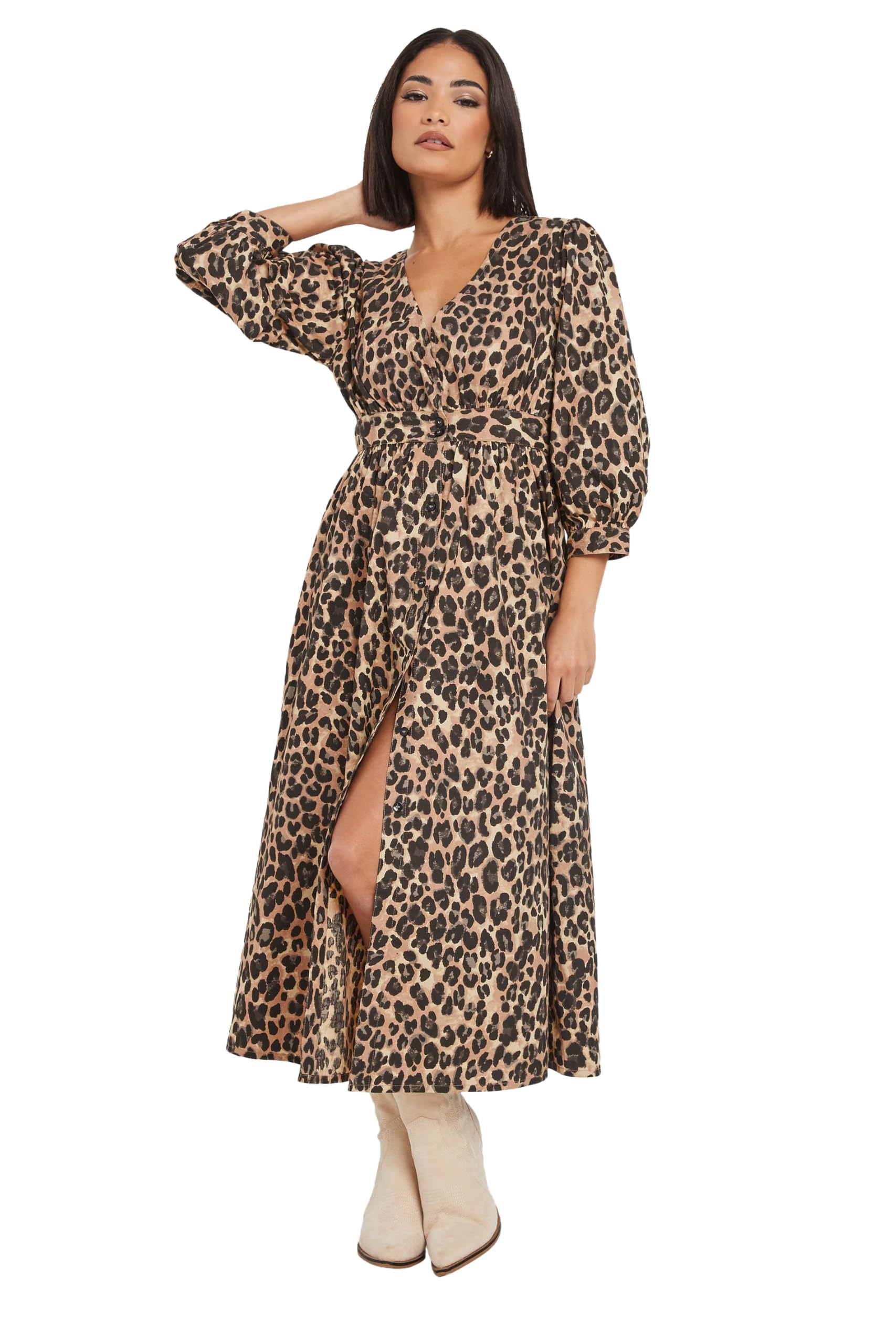 Pixiegirl Women's Brown Petite Leopard Print Button Midi Dress Petite