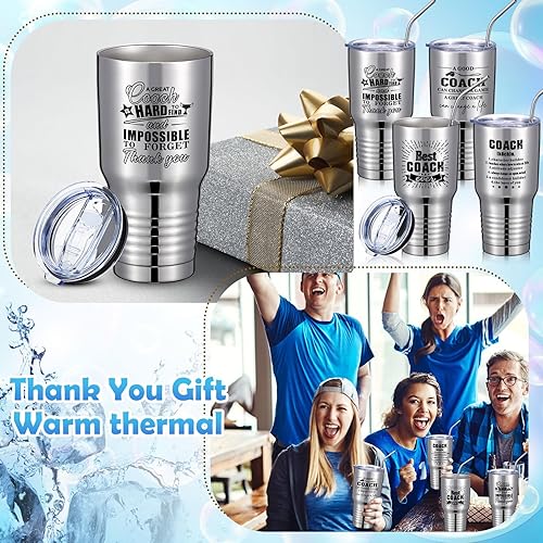Miniatura 6 de Juego de 4 vasos de acero inoxidable con tapas y pajitas, regalo de agradecimiento para entrenador, para hombres y mujeres, baloncesto, fútbol,