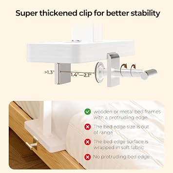 Wealone Adjustable Bedside Shelf for Bed, White College Dorm Room Essentials, Bamboo Bed Side Tray Table with Sturdy Metal Pole, Clip On Nightstand Organizer for College, Apartment, Bunk Beds