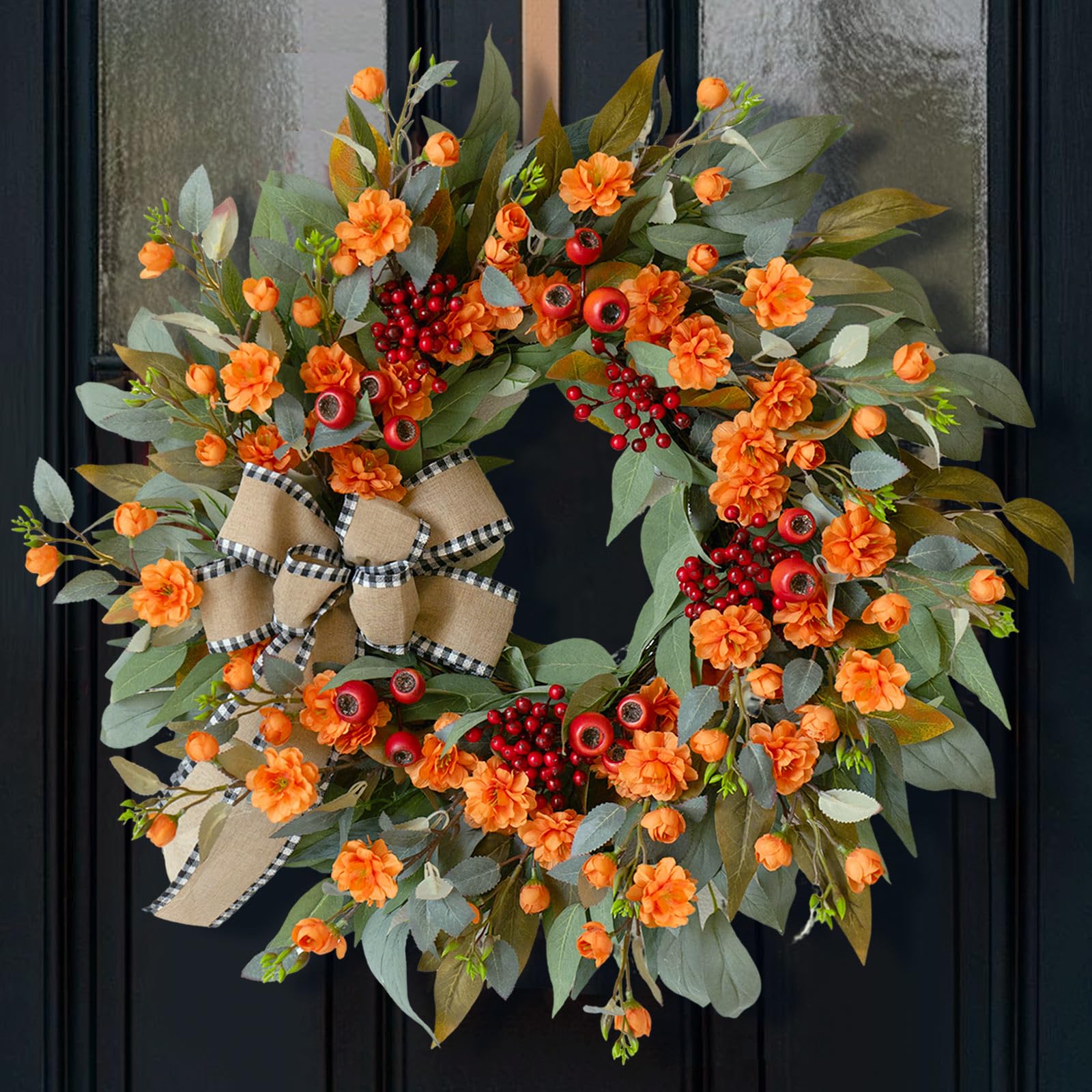 CHvista 24 inch Harvest Fall Wreath with Bow and Red Berries