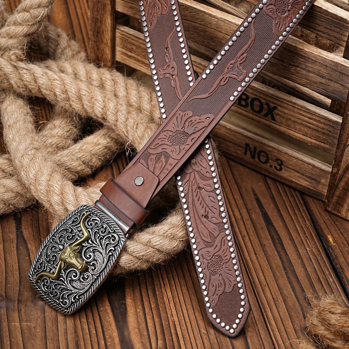 Cintura da cowboy western uomo e donna, con fibbia rettangolare a forma di toro motivo floreale borchie, cinturino in pelle PU