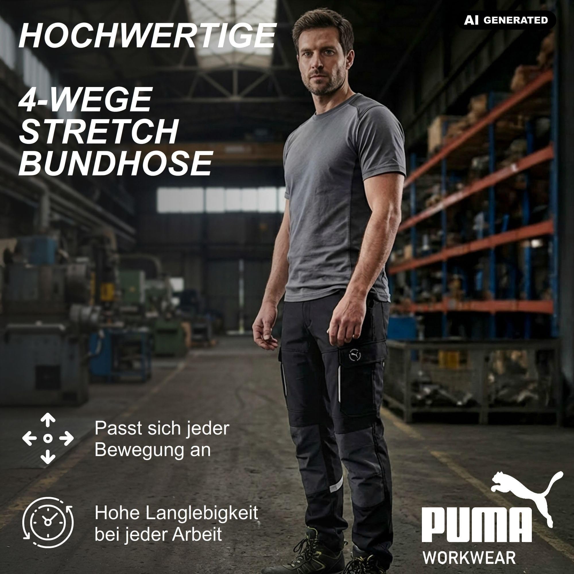 PUMA Workwear męskie spodnie robocze – z 4-kierunkowym stretchem – wytrzymałe spodnie ze wzmocnionym obszarem kolan i gumowym ściągaczem w pasie – podwyższona część pleców – spodnie z przedłużonym