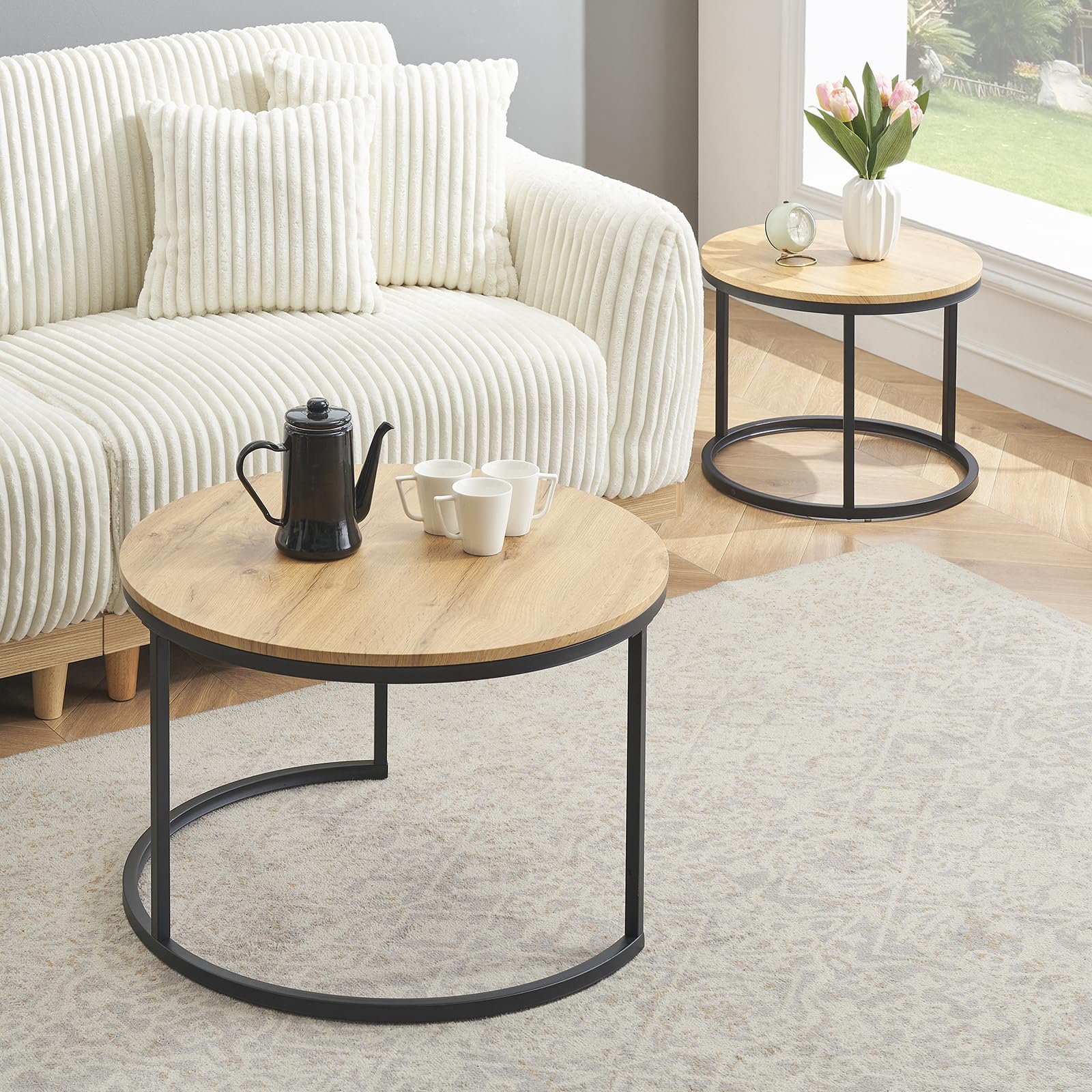 Mesa Auxiliar Sofa con Marco Negro, Juego de 2 Piezas para la Mesa de Centro Redonda, Coffee Table con Efecto de Grano de Madera, Mesa Centro Madera Modernas