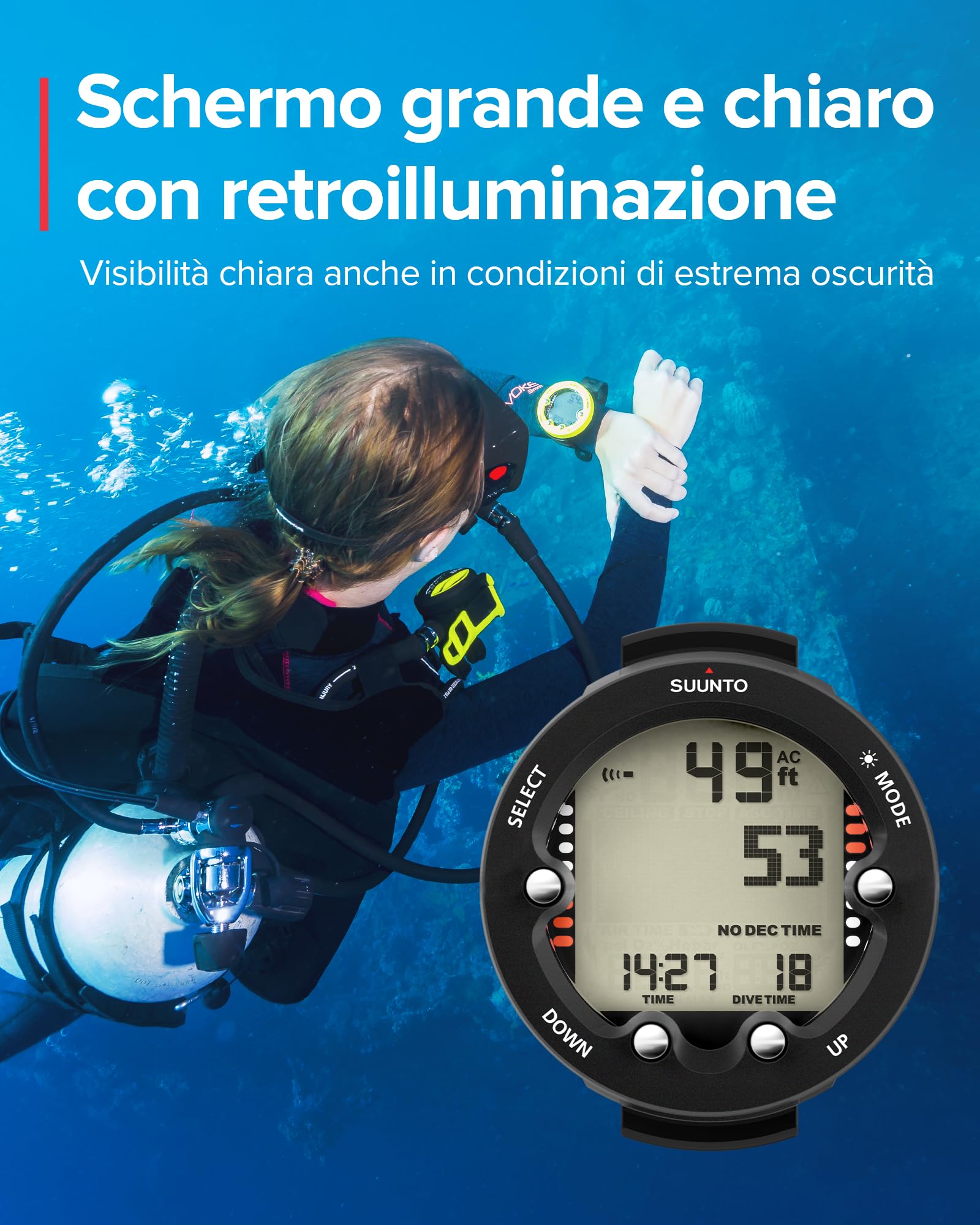 SUUNTO Dive Zoop Novo Orologio Subacqueo Digitale con Ampio Display Retroilluminato, Impermeabile 80 M, Computer Subacquei con Funzioni di Allarme, Meteo, 1,5 Anni di Durata in modalità Scuba