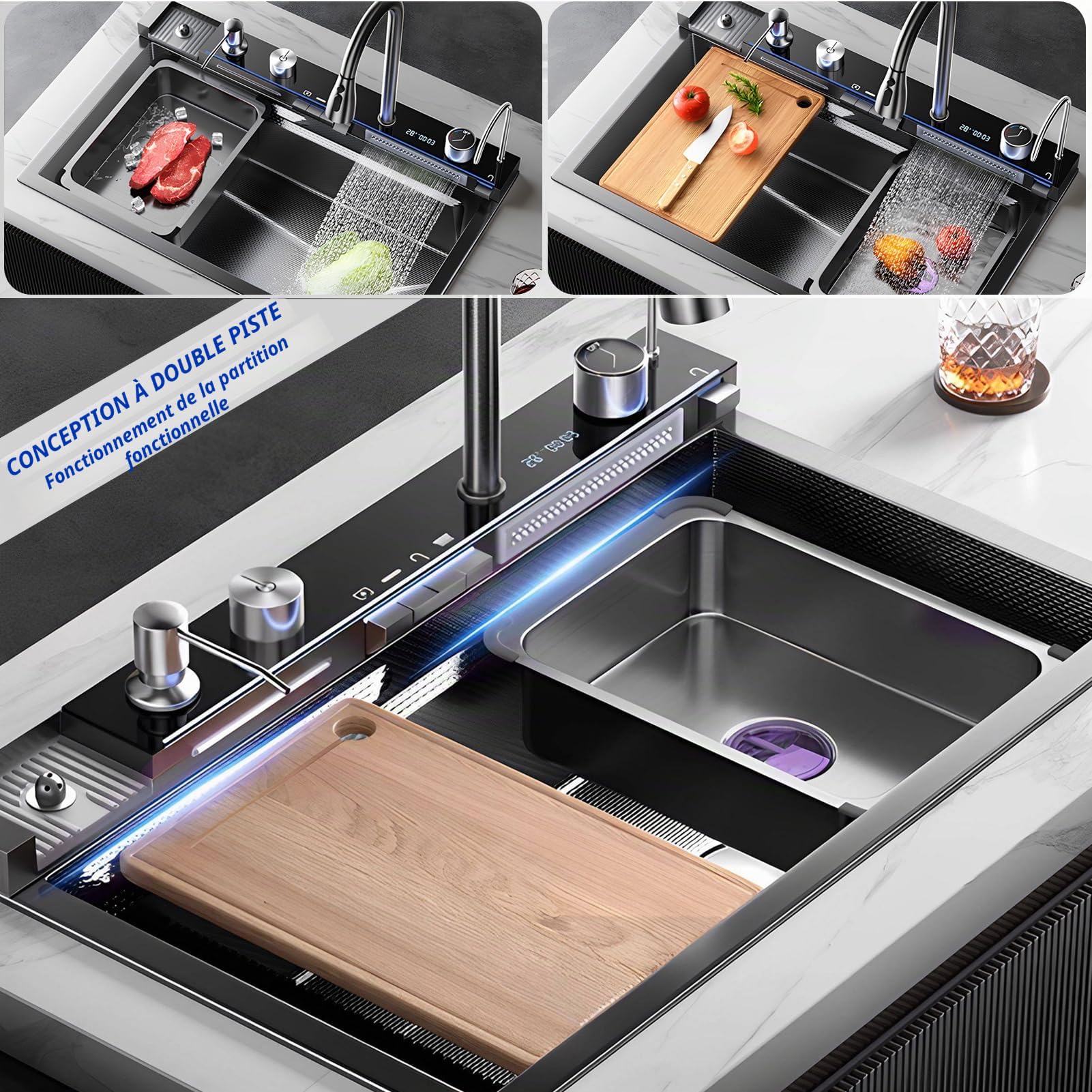 Station de travail en forme de cascade de 80 x 50 cm pour évier de cuisine, évier de cuisine mono-bac en acier inoxydable anthracite noir avec robinet escamotable intégré et affichage numérique