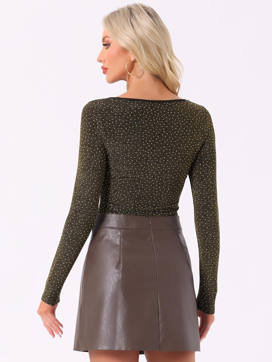 Allegra K Party Bodysuits for Women's Metallic Shiny Dots Square Neck Long Sleeve Top