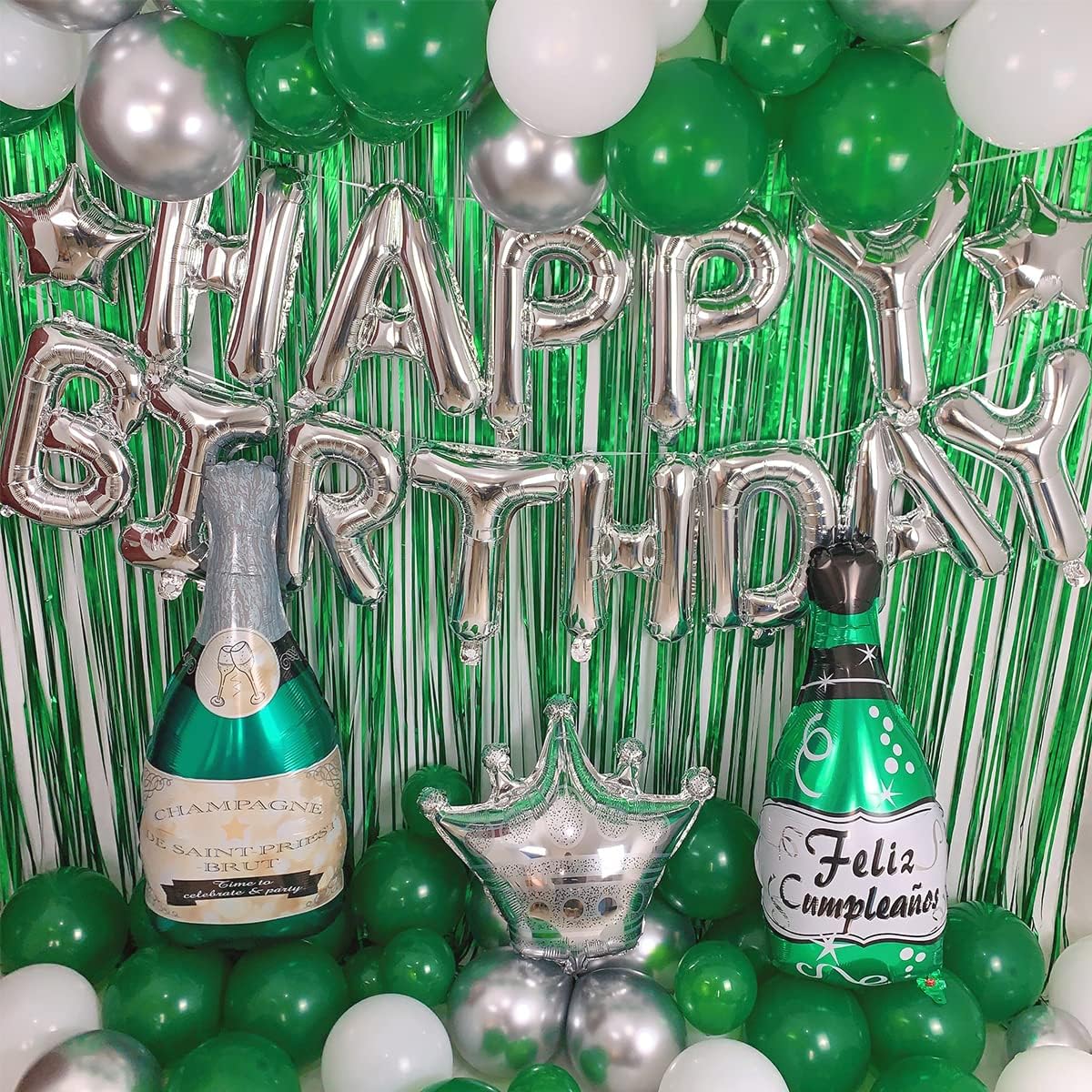 Green Birthday Party Decorations with Silver Happy Birthday