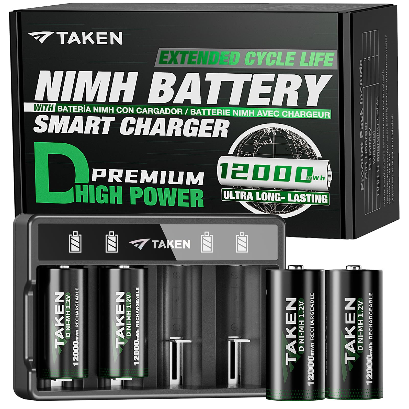 Taken Rechargeable D Batteries with Charger, 4-Pack 12000mWh NiMH D Cell Batteries & 4 Bay Smart Charger - Fast Charging for C/D Batteries, 10-Year Shelf Life & Long-Lasting