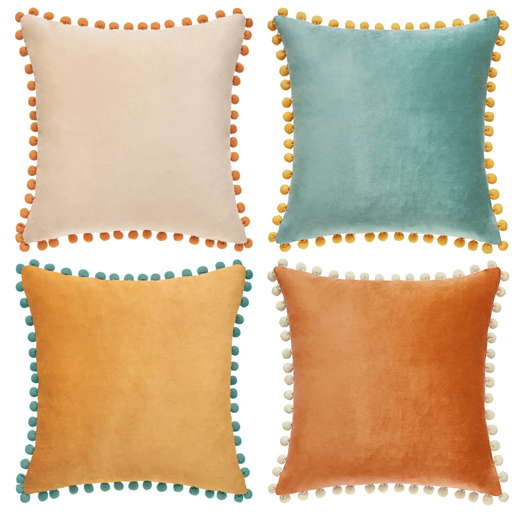 MONDAY MOOSE Decorative Throw Pillow Covers Cushion Cases, Set of 4 Soft Velvet Pom Poms Double-Sided Designs, Mix and Match for Home Decor, Pillow Inserts Not Included (18x18 inch, Orange/Teal)