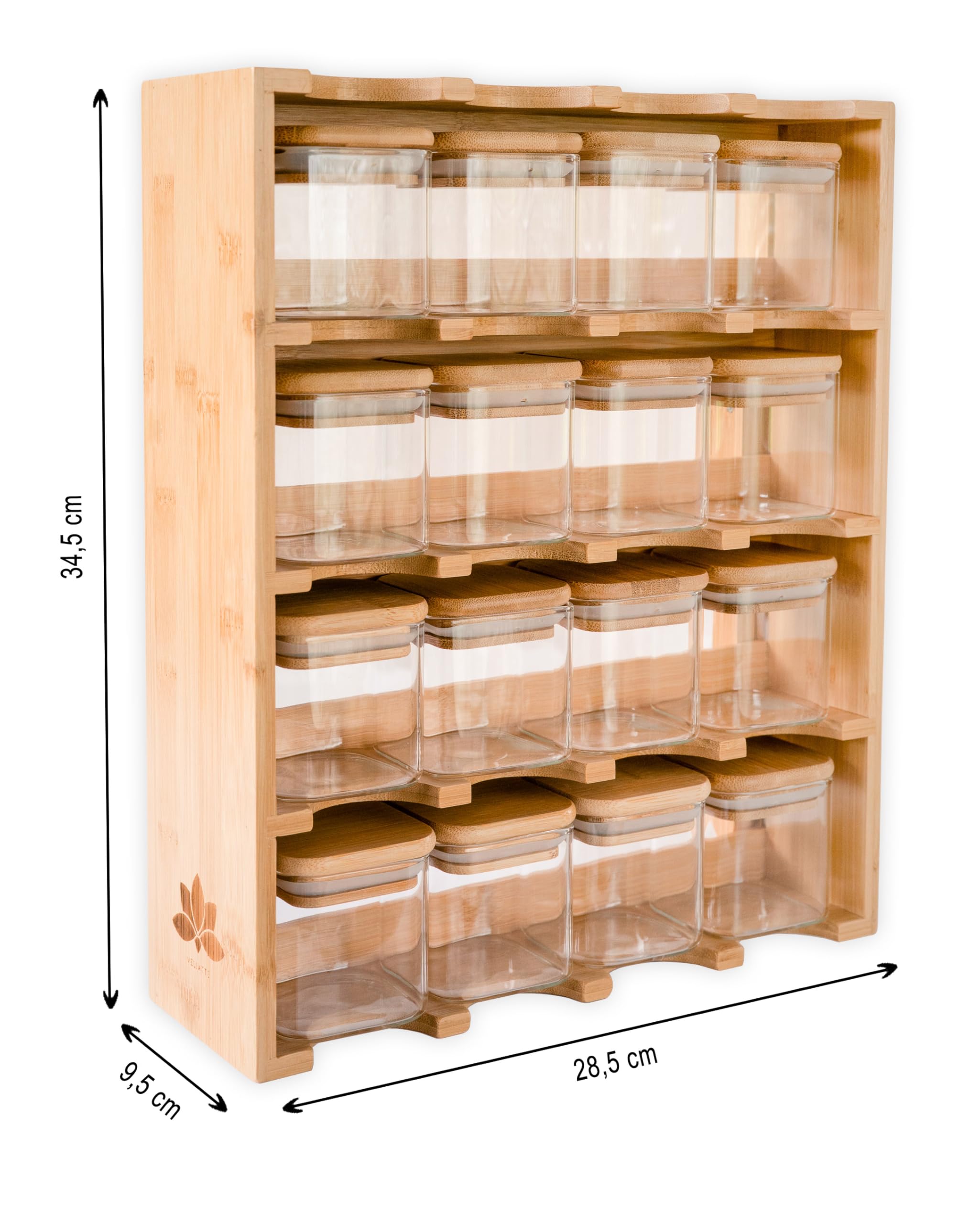 Bambusowy Stojak na Przyprawy z 16 Szklanymi Słoiczkami 160 ml - Organizer na Przyprawy do Kuchni, Przyprawnik z Słoiczkami, Półka na Przyprawy na Blat, Zestaw Przyprawników
