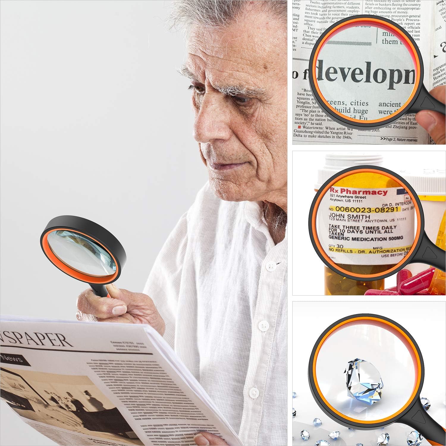 2 Pack Magnifying Glass, Ohuhu 3X Handheld Reading Magnifier for Kids and Seniors, 4 Inch Non-Scratch Quality Glass Lens, Shatterproof Design, Include Felt Bag and Cleaning Cloth