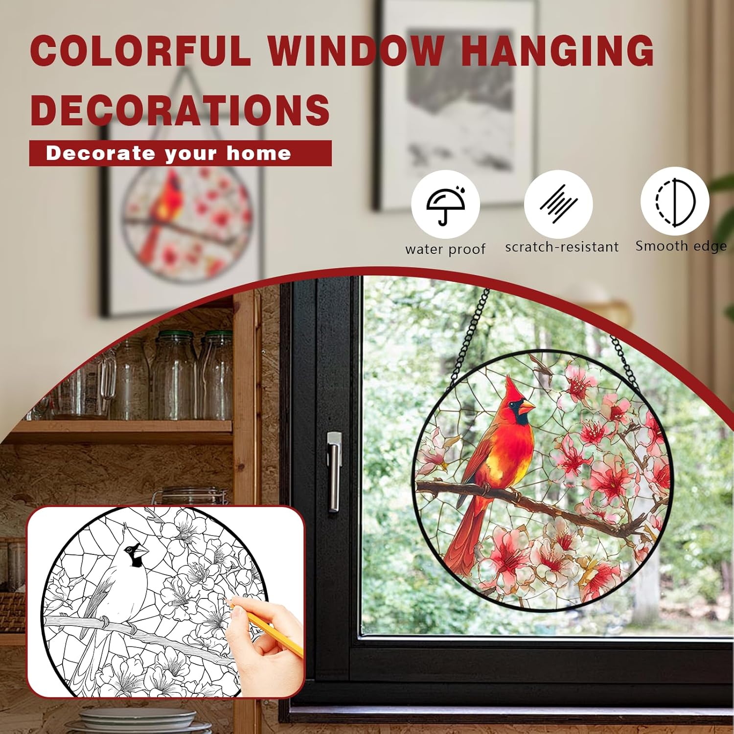 Stained Glass Style Cardinal Suncatcher, 7.87 Inch (20cm) Round Real Glass Window Hanging with Gift Box and Chain, Bird Decor Gift - Image 4