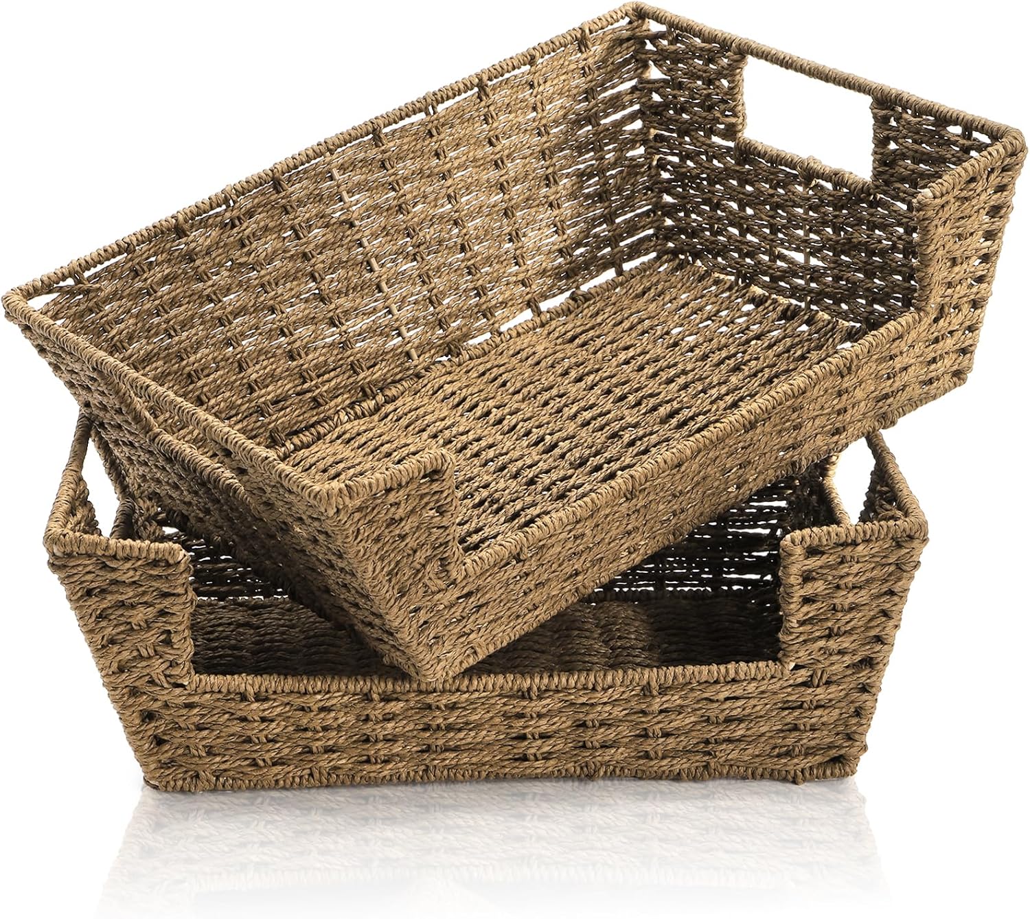 2 Pack Open Front Storage Baskets, Brown Paper Rope Woven Basket with Built-in Handles, 13''W x 10.6''D x 4.7''H Pantry Organzier Bins for Shelf, Bedroom, Living Room, Pantry
