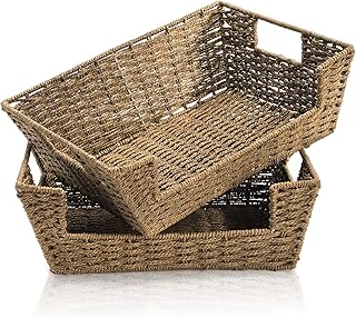 2 Pack Open Front Storage Baskets, Brown Paper Rope Woven Basket with Bu...