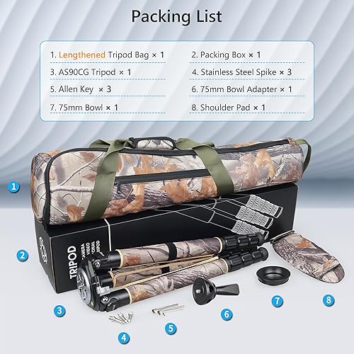 Miniatura 7 de Trípode de fibra de carbono resistente con funda de camuflaje ARTCISE AS90CG con cuenco de 2.953 in y adaptador, 10 capas de fibra de carbono de