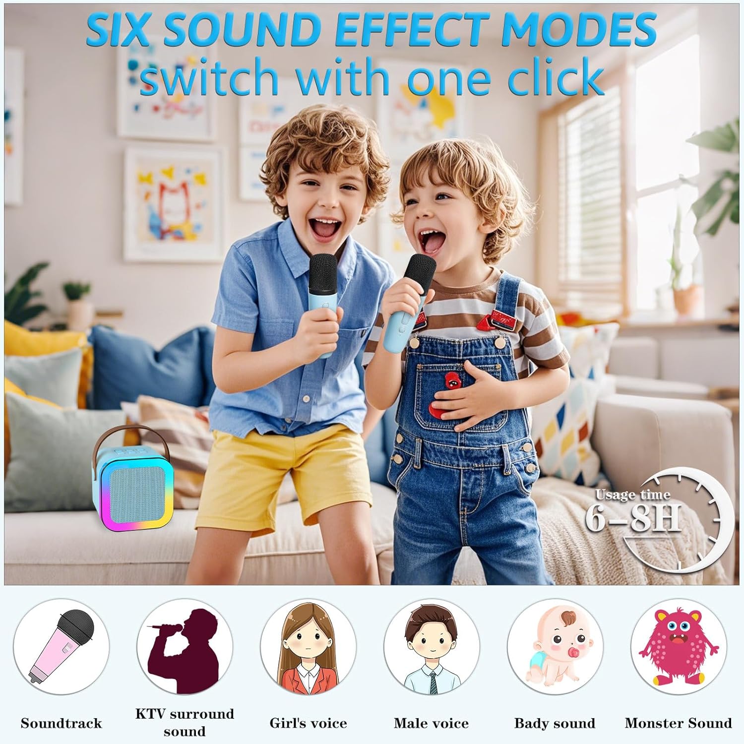 Mini Karaoke Machine with 2 Wireless Microphones for Kids, Portable Karaoke Machine for Kids, Kids Karaoke Machine Toys for Girls Boys Gifts for Home Parties Birthday (Blue) - Image 3