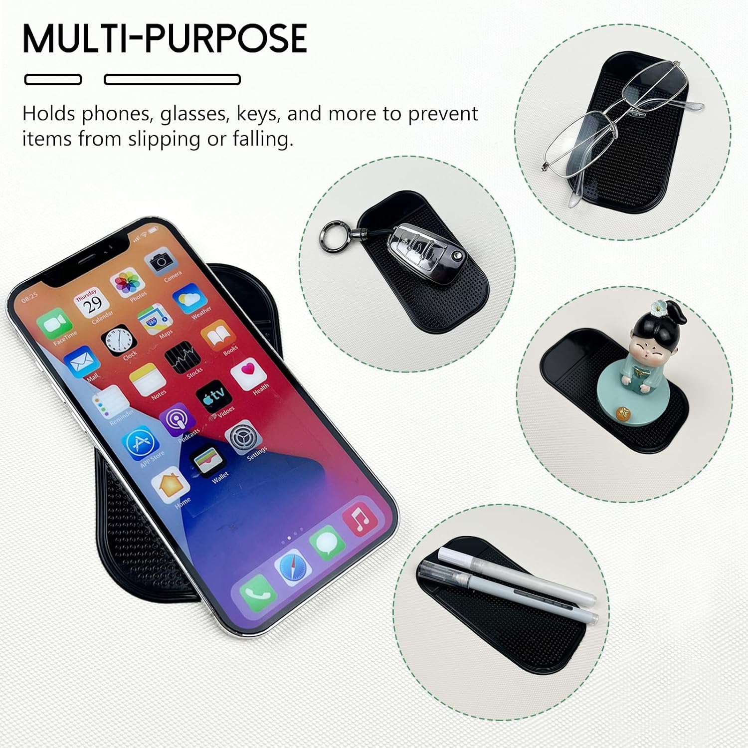 Car Dashboard Non-Slip Mat – 5-Pack Sticky Anti-Slide Extra-Thick Dash Pads for Radar Detectors, Phones, Keys, GPS, Coins, Glass & Metal Items