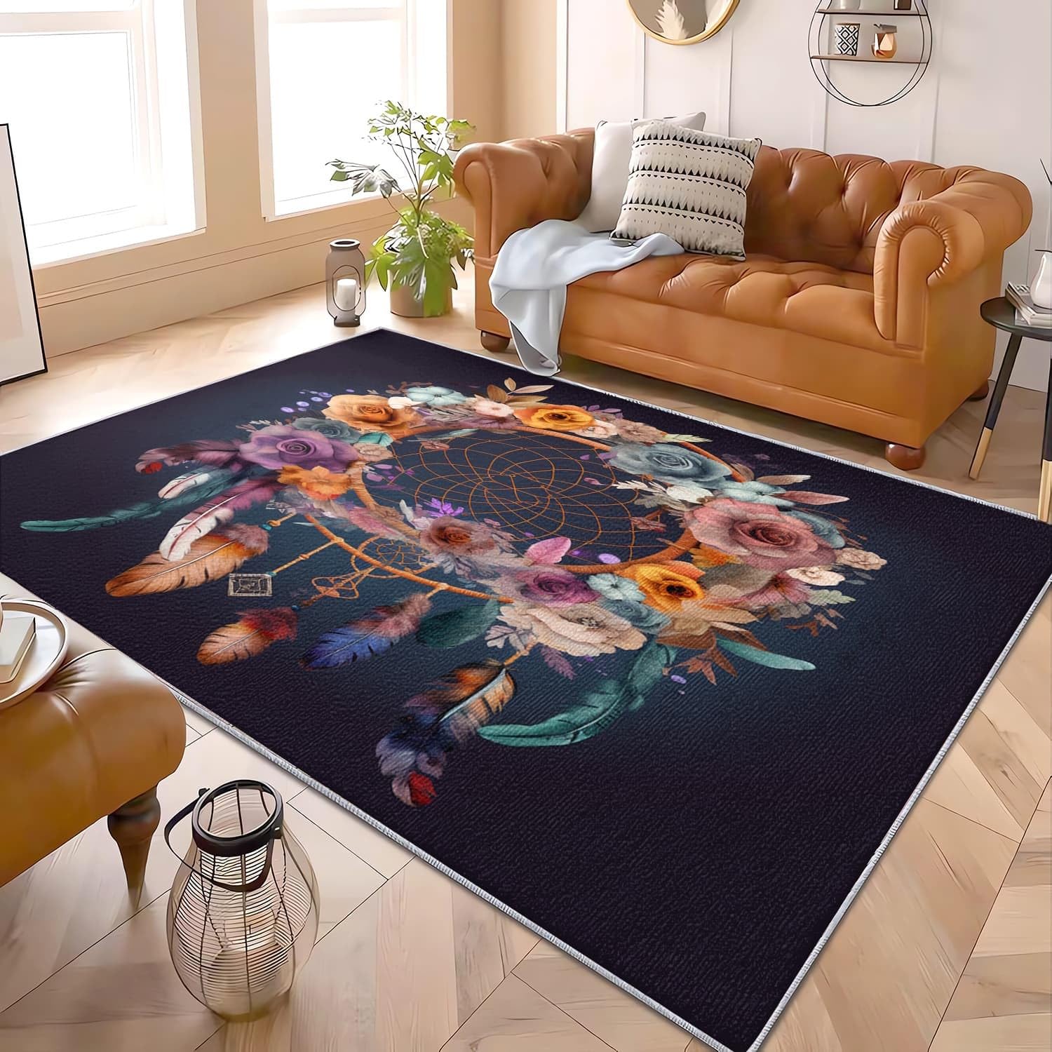 Dywan do wnętrz 200 x 300 cm Łapacz snów w stylu czeskim girlanda miękka i wygodna, ciemnoniebieska mata z krótkim włosiem antypoślizgowa podstawa idealna do salonu, sypialni i korytarza
