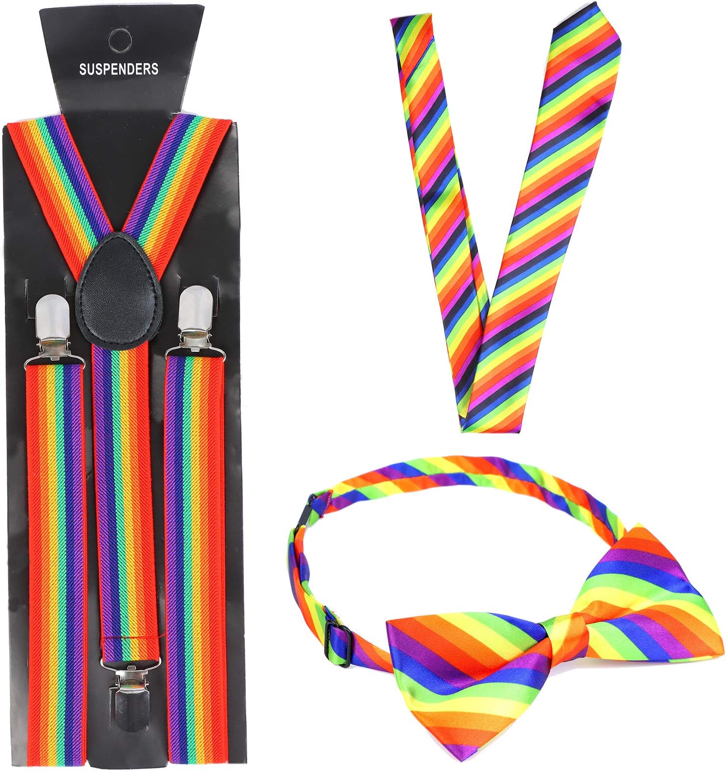 CCCYMM 3 Pcs Rainbow Bow Tie Tie and Braces-Elasticated Y Shape Suspenders-Fancy Dress Rainbow Braces Gay Pride Accessory