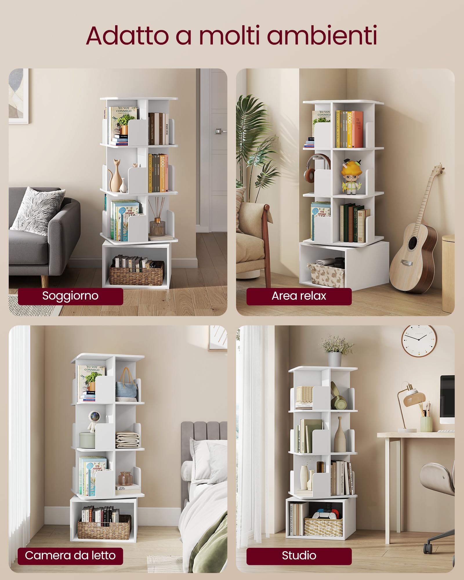 VASAGLE CUSTOS Collezione - Libreria Scaffale Girevole a 360°a 4 Ripiani, Scaffale Portaoggetti, Scomparti Aperti, 40 x 40 x 124,6 cm, per Camera da Letto Soggiorno Studio, Bianco Nuvola LBC471WB01