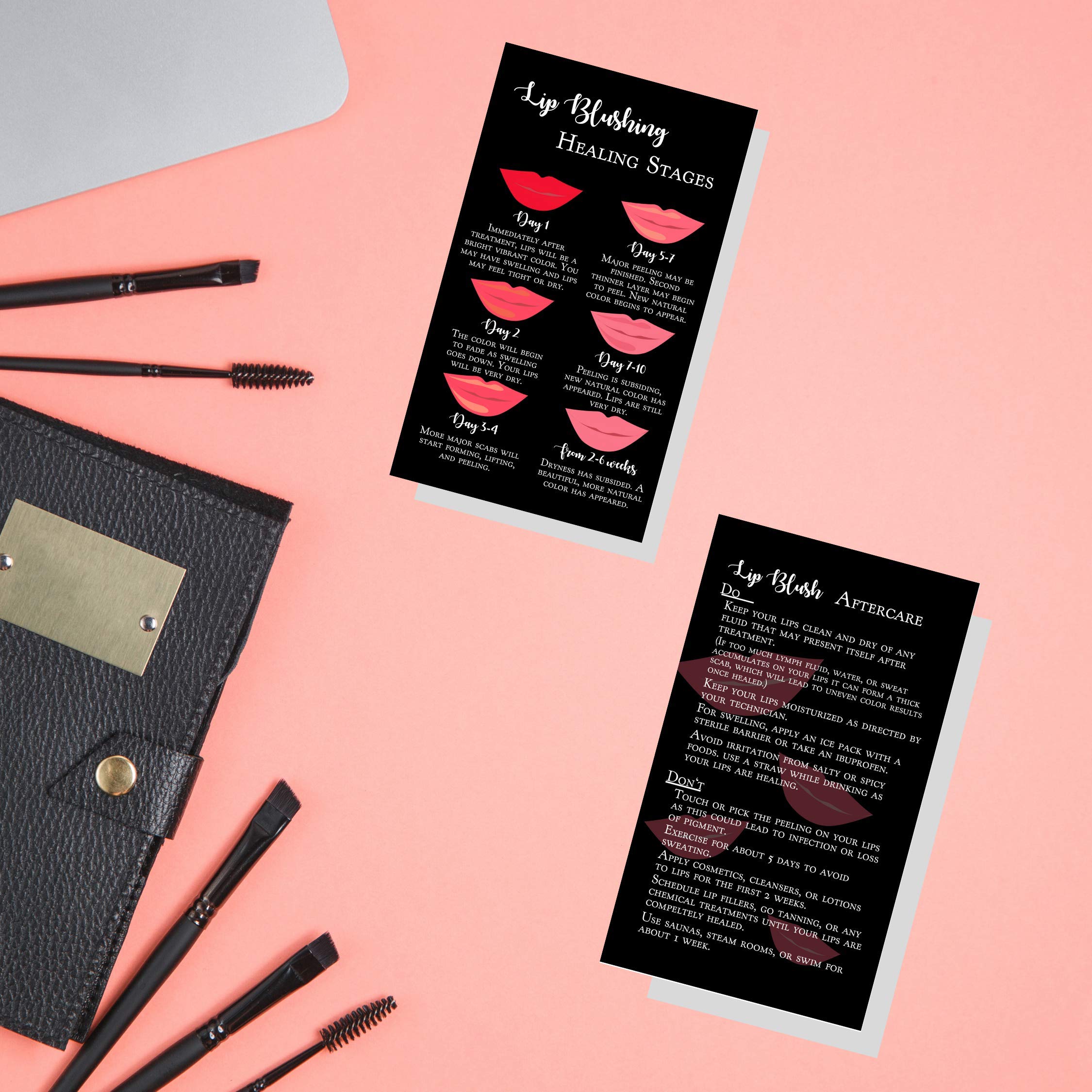 Tarjetas de instrucciones de curación y cuidado posterior del rubor de labios | Paquete de 50 | Tarjeta de visita de doble cara de 2 x 3.5 pulgadas | Negro con diseño de labios rojos