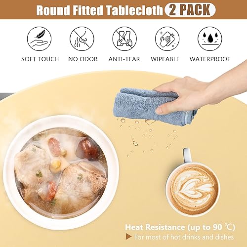 Miniatura 4 de Paquete de 2 manteles redondos ajustables color marrón con bordes elásticos, impermeable, resistente a las manchas, para uso en exteriores e