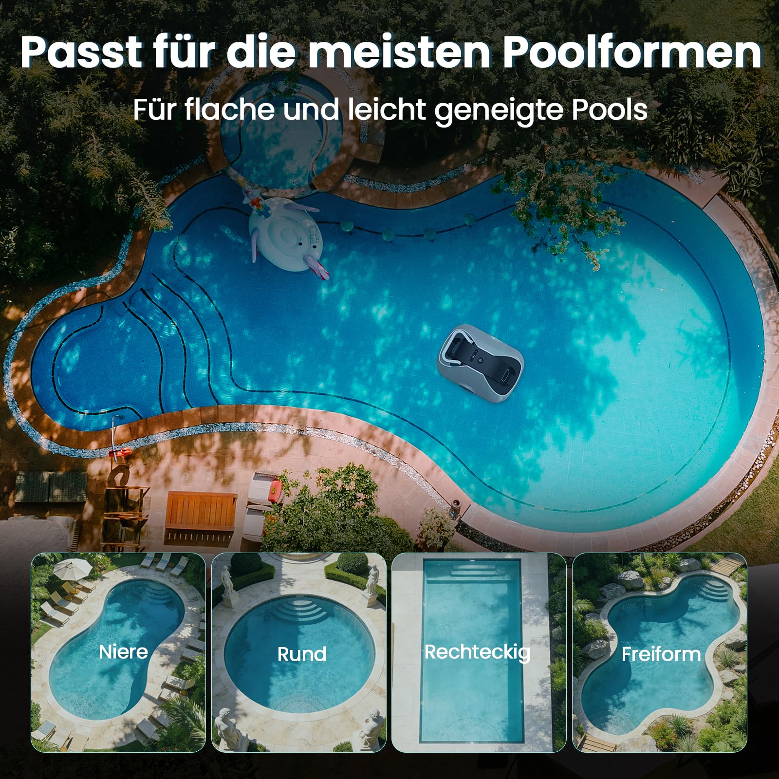 Poolroboter Akku, kabelloser Pool-Saugroboter, 200Min Laufzeit, Intelligente Navigation, Selbsteinparkfunktion und ultrafeine Filterung, kompakt und tragbar Poolreiniger ohne Kabel für Pools 232m²