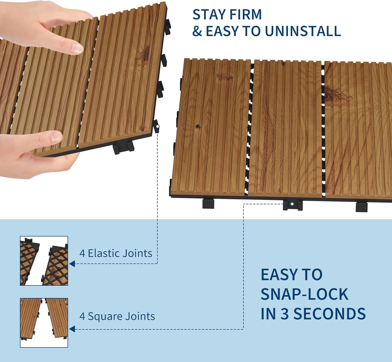 Acacia Wood Interlocking Deck Tiles, 12 x 12 Inch Waterproof Outdoor Flooring, Snap Together Patio Floor Tiles for Balcony, Porch, Poolside, Bathroom