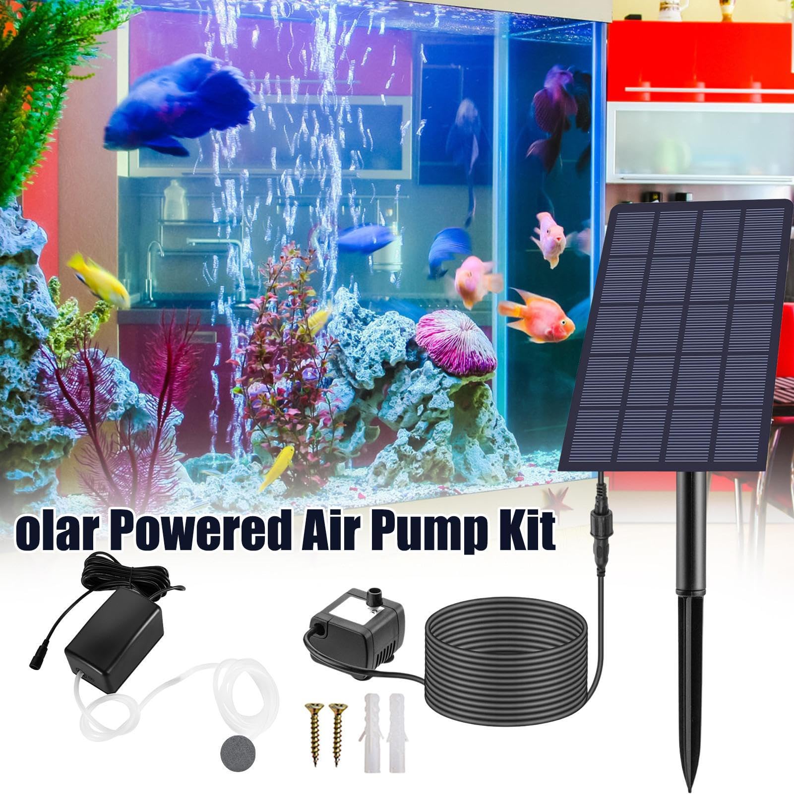 Bomba Solar para Estanque Peces Exterior, 2.5W Bomba De Oxígeno para Acuario Solar, con Tubo De Oxígeno Y Piedras Generadoras De Burbujas De Aire, Aireación De Jardín, Oxígeno para Peces