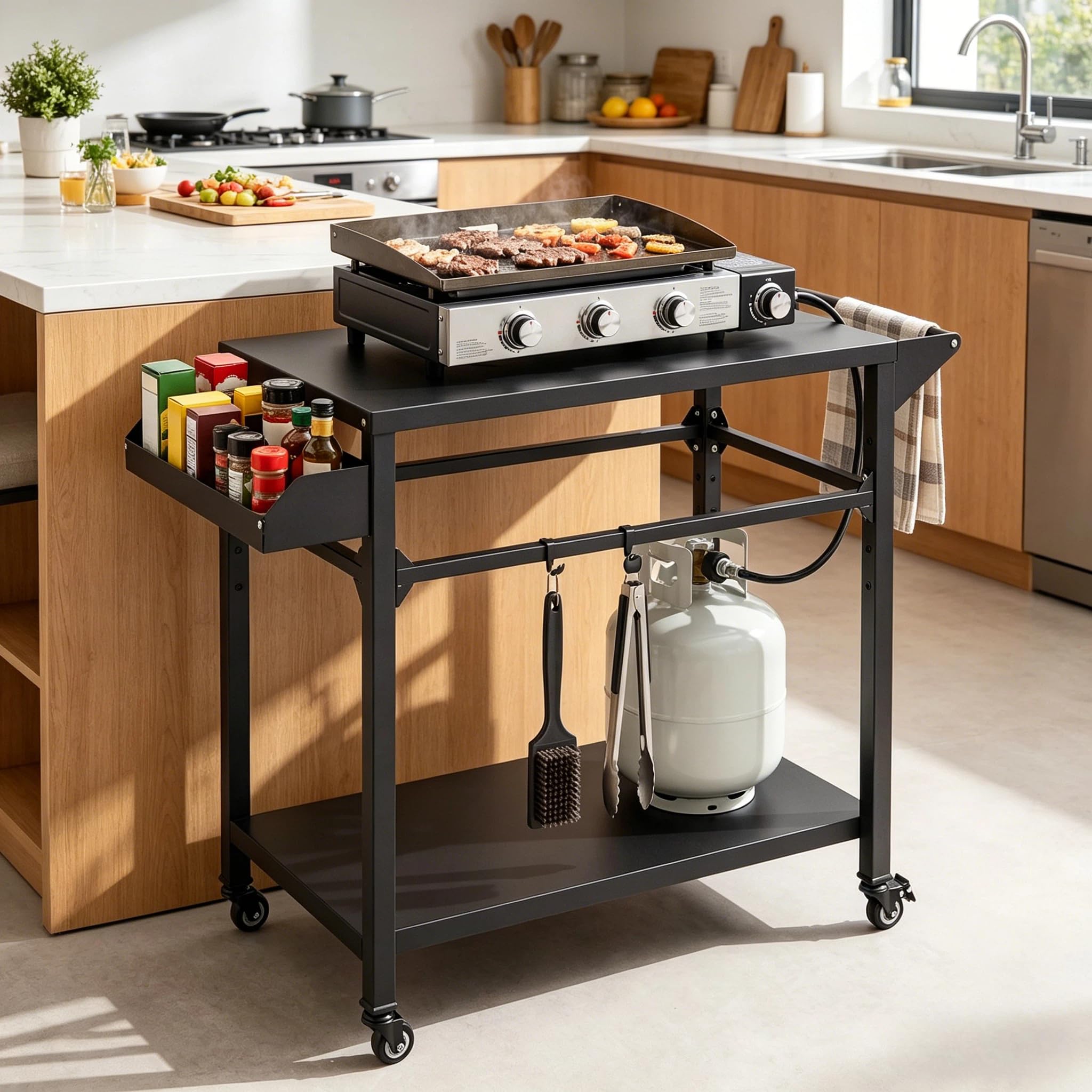 KOMFOTTEU Carrello per Barbecue a 2 livelli, Carrello da Giardino con Porta Asciugamani e Scaffale per Spezie, Desserte da Esterno, 4 Rotelle, per Giardino e Terrazza, 100 x 45 x 80 cm, Nero