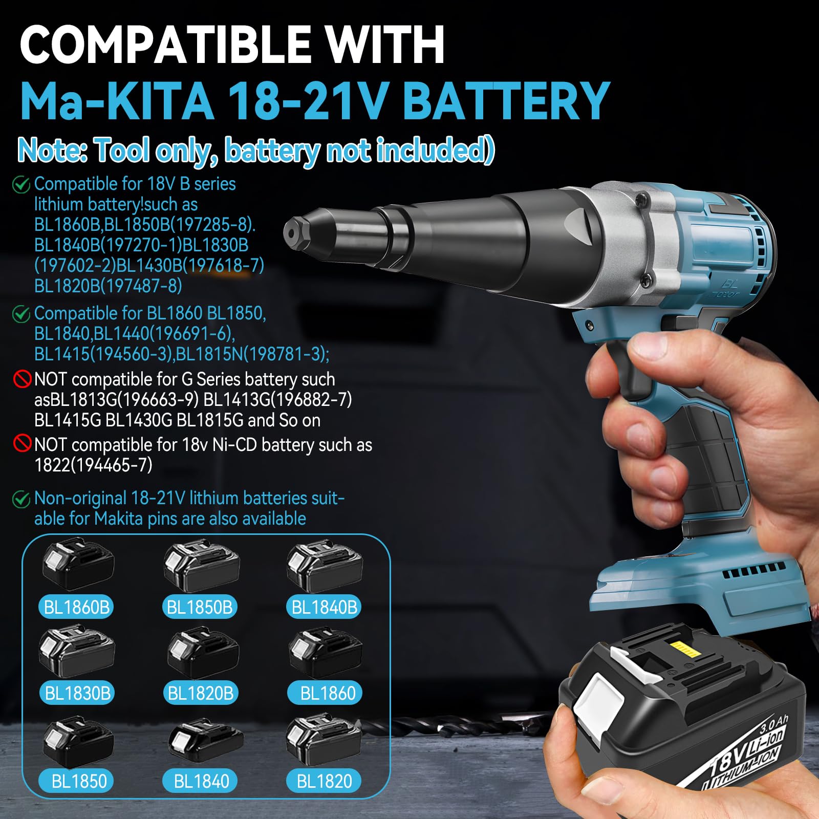 Alicates de remachado compatible con batería Ma-Kita de 18 V-21 V, pistola de remache inalámbrica y sin escobillas para remaches de 1/8 pulgadas