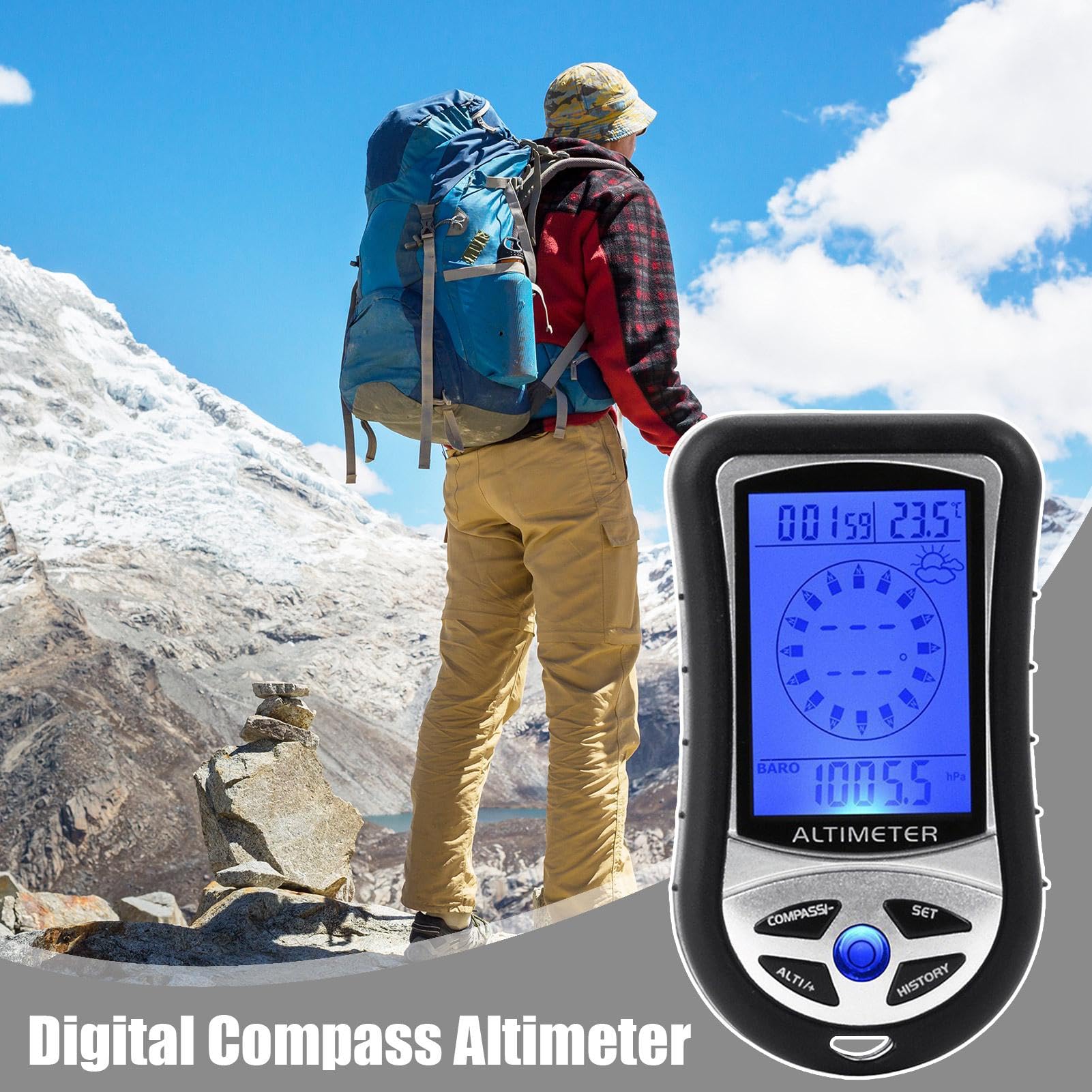 Digital Barometer Altimeter Compass - Electronic Altimeter | Car Altimeter Compass | Handheld Barometer Temperature Gauge Compass Device with Backlight, Weather Forecast, Time Clock for Hiking
