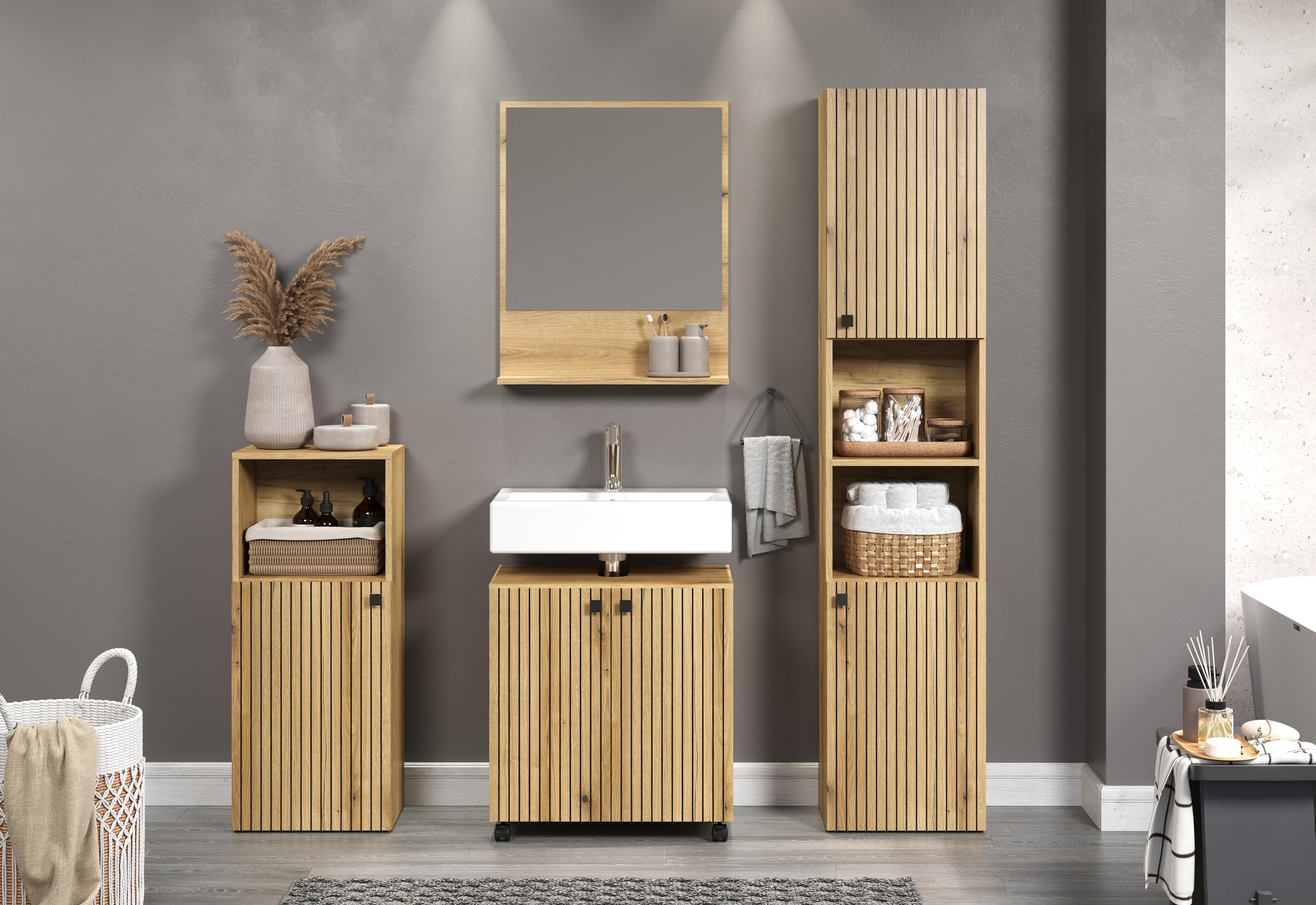 trendteam smart living - PureBliss - Waschbeckenunterschrank auf Rollen - Evoke Eiche - Rillenoptik - 1 Einlegeboden - (BxHxT) 60 x 64 x 42cm - edle Metallgriffe - kratzfest