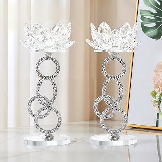 Crystal Candle Holder Set of 2, Lotus Flower Tealight Holder, Tall Pillar Holder with Crystal Mirror Base, Silver Metal Bracket, for Table Centerpieces, Home Room Decor (Fits up to 1.5" candles)