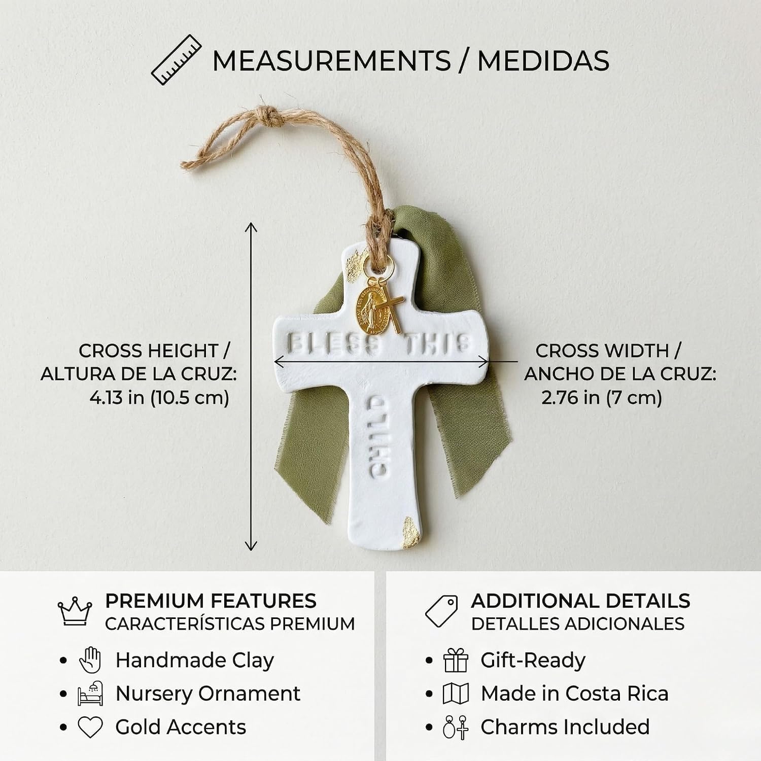 The Makerie cr Bless This Child Nursery Wall Cross, Handmade with love in Costa Rica, Clay Ornament with Virgin Mary Charm, Baby Shower or Baptism Gift, Sage Green Ribbon