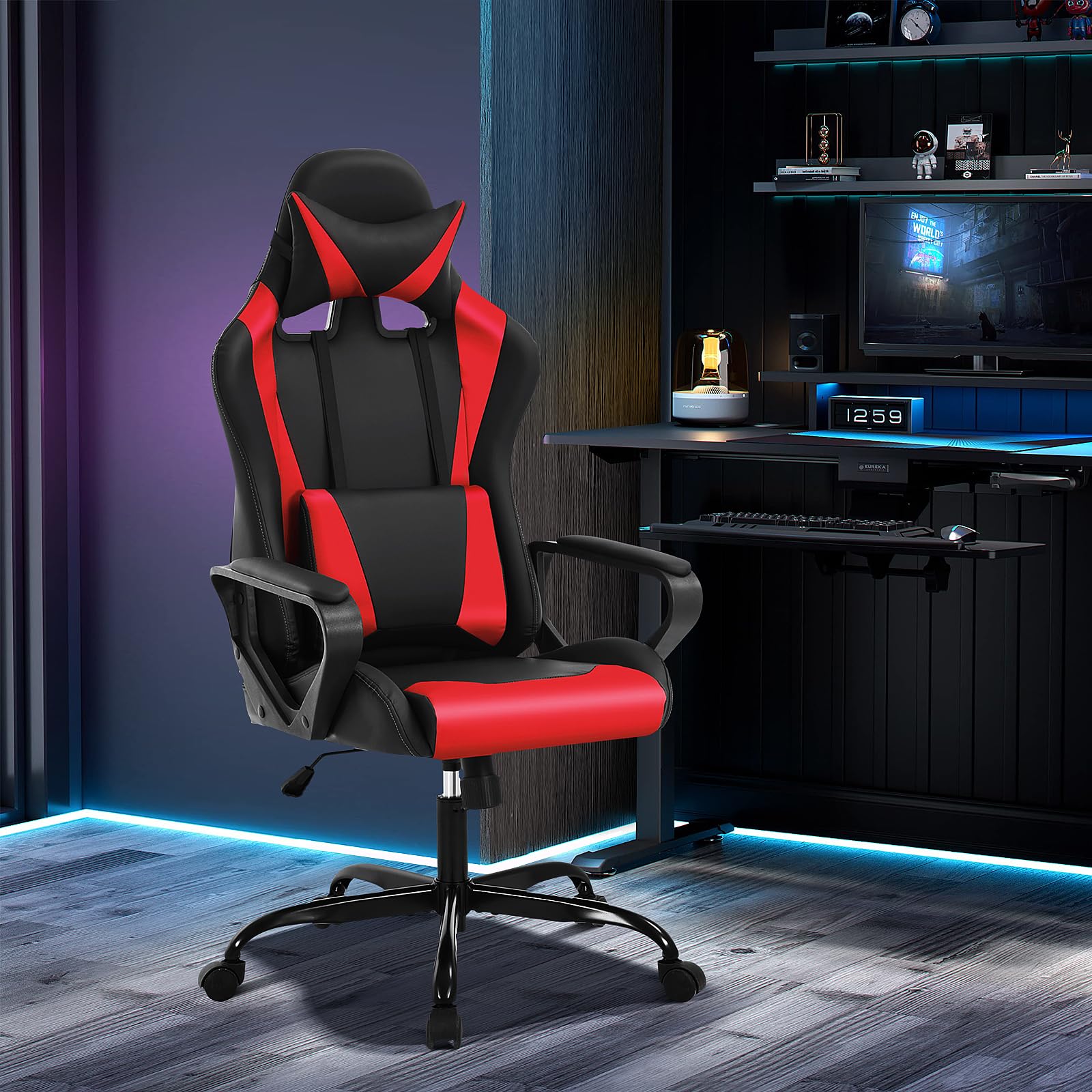Red Gaming Chair | Ergonomic High Back Desk Chair Racing Style with Lumbar Support, Headrest & Arms - Heavy Duty Swivel Computer Chair for Office