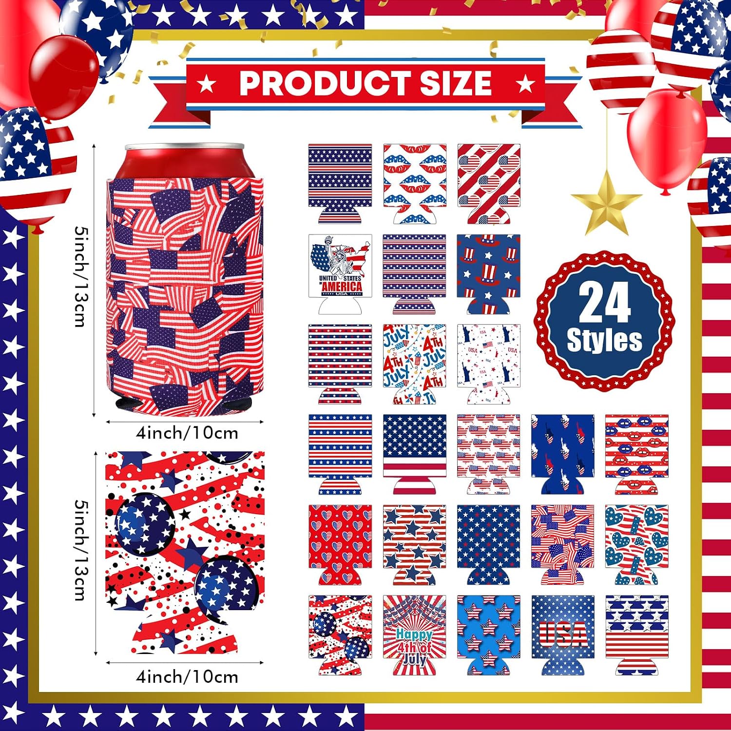 SiliFine 24 Pcs Beer Can Coolers 4th of July American Flag Sleeves Bulk