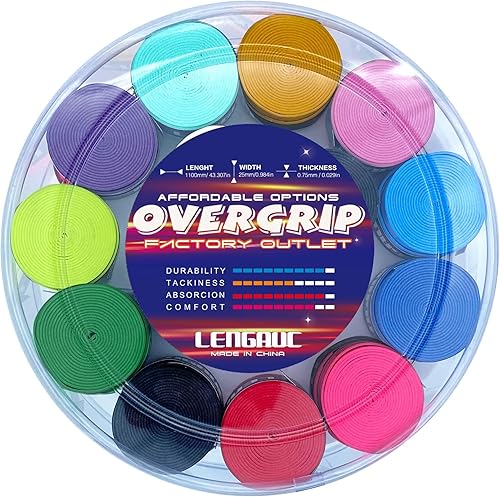 LENGAUC Tacky Overgrips, tenis, bádmintonPickleball, paquete de 1228305660, agarre pegajoso antideslizante y absorbente, colorido, cómodo, cinta de