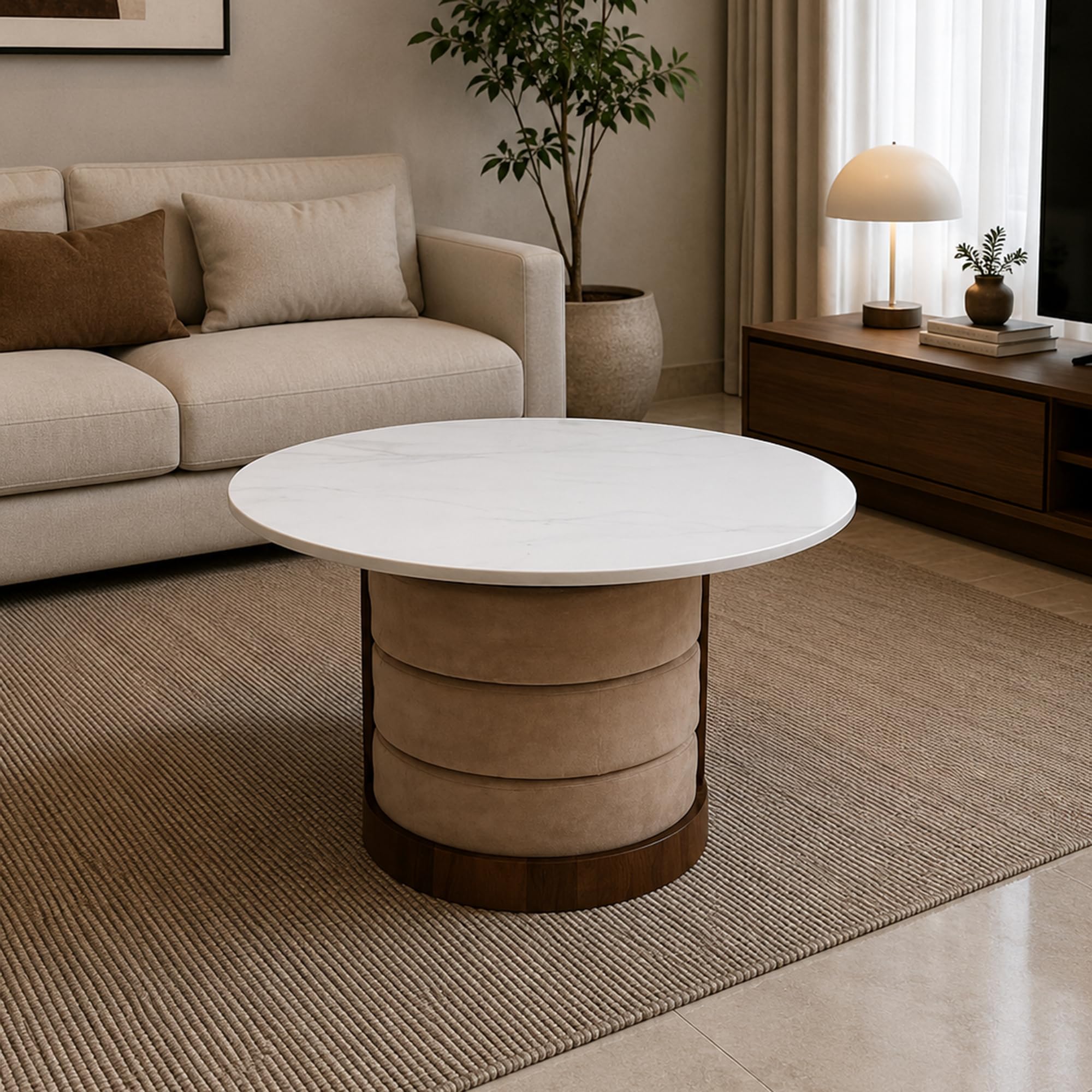 The Attic Baithak Coffee Table, Coffee Table for Living Room, Marble Top, with 3 Integrated Seats, Honey & Beige