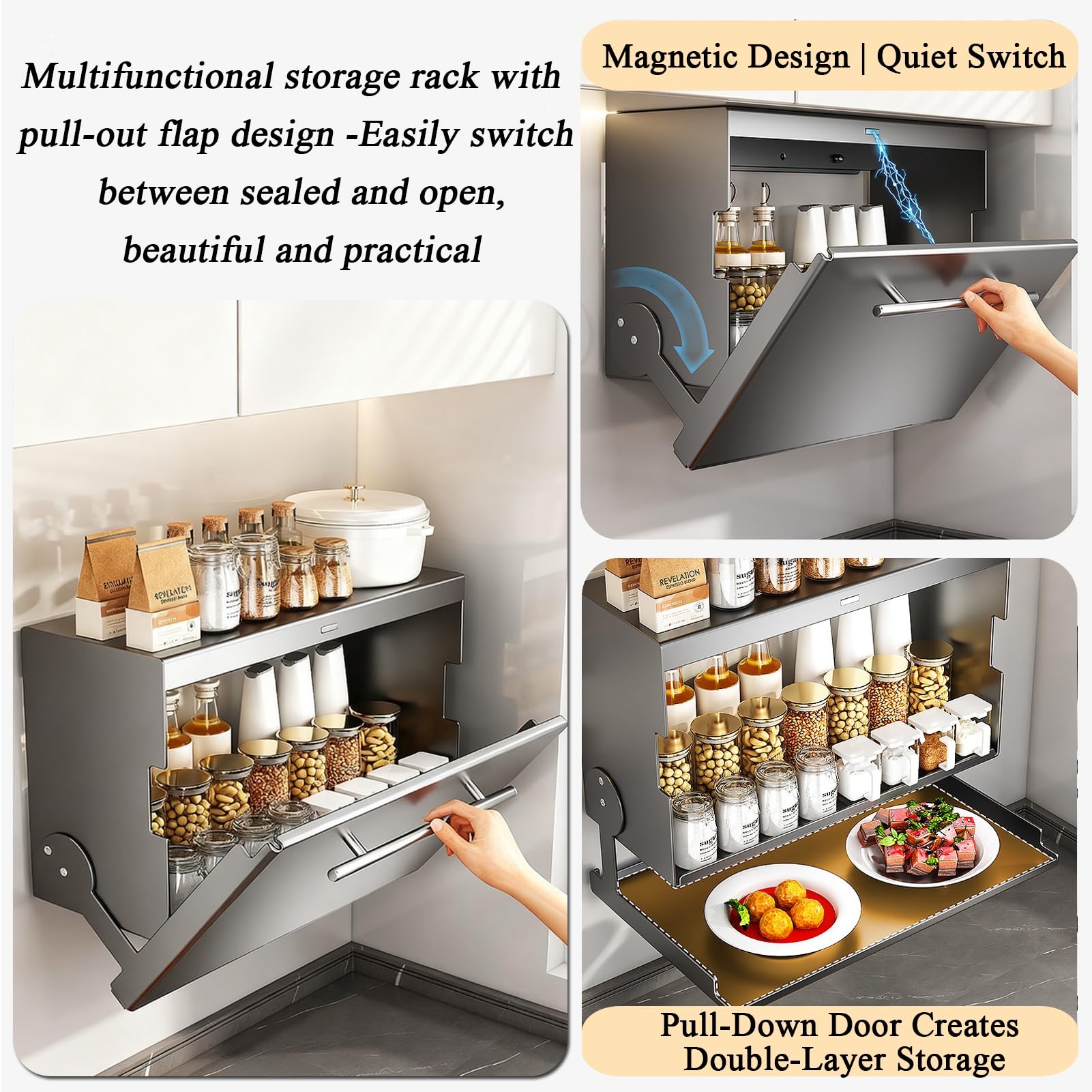 Organizador de especias extraíble de 2 niveles, estante de cocina montado en la pared con ganchos para almacenamiento, solución perfecta para debajo del armario